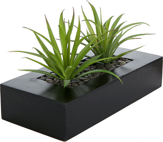 Artificial Green Grass Plants in Elegant Rectangular Planter Pot with Black Wood Finish