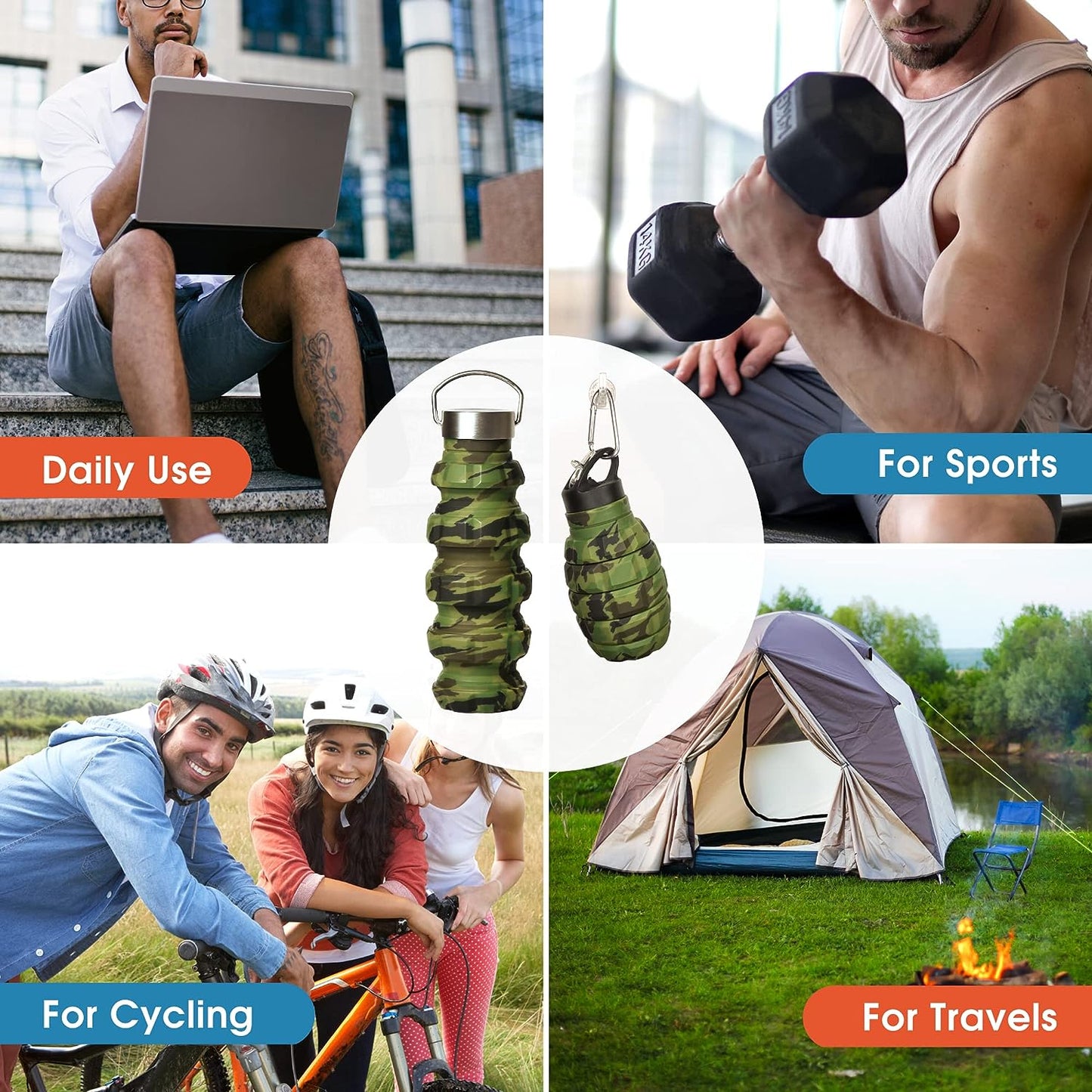 20 oz Camo Collapsible Water Bottle with 2 Lids, Carabiner, and Box - Ideal for Hiking, Camping, and as a Gift for Men - Portable Army Military-style Gym Bottle.