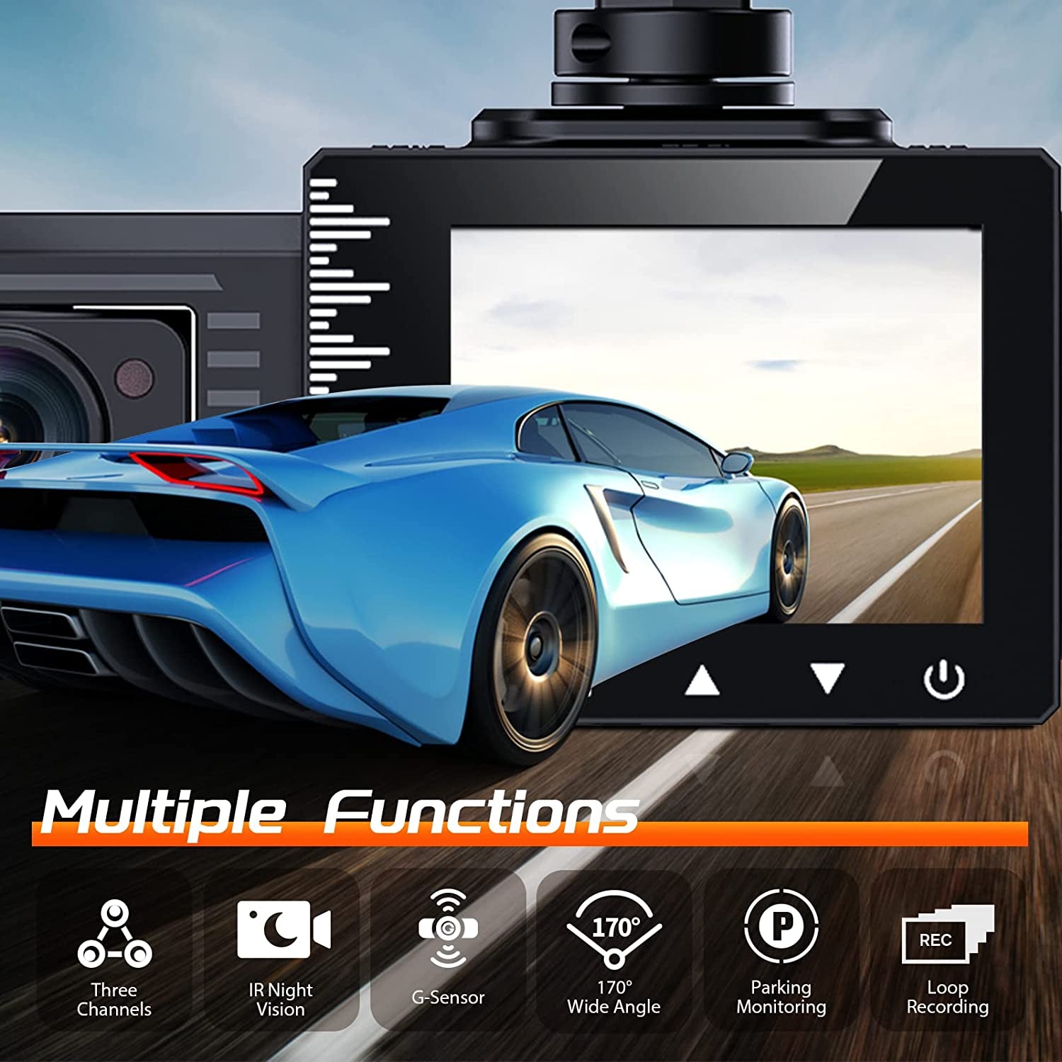 Adjustable Lens T1-Pro Dash Cam Front and Rear inside, 3 Channel 1080P Car Dash Camera with 8 IR Lamps Night Vision, Triple Car Camera System, Loop Recording, G-Sensor, Parking Monitor