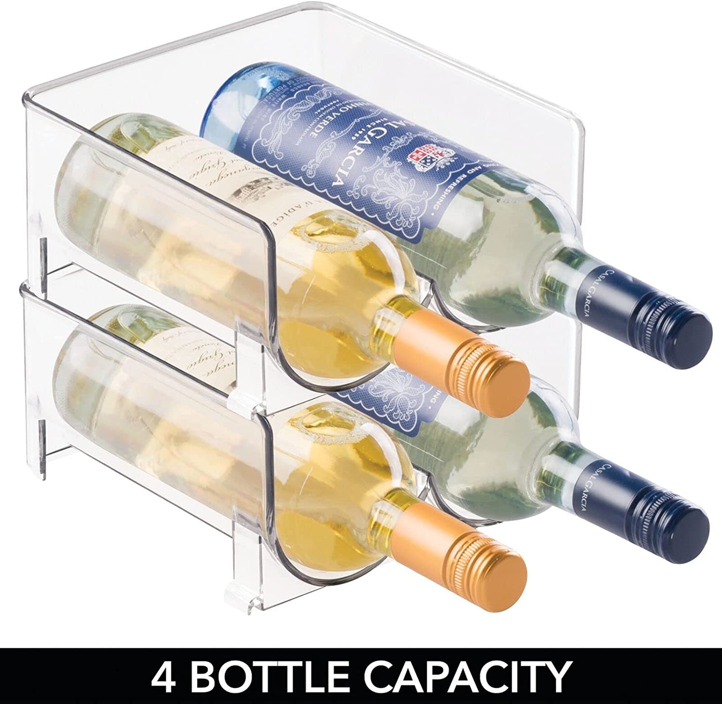 Plastic Free-Standing Wine Rack Storage Organizer: Designed for Kitchen Countertops, Table Tops, Pantry, and Fridge - Holds Wine, Beer, Pop/Soda, Water Bottles - Stackable, Each Rack Holds 2 Bottles, Comes in a Pack of 2 in Clear.