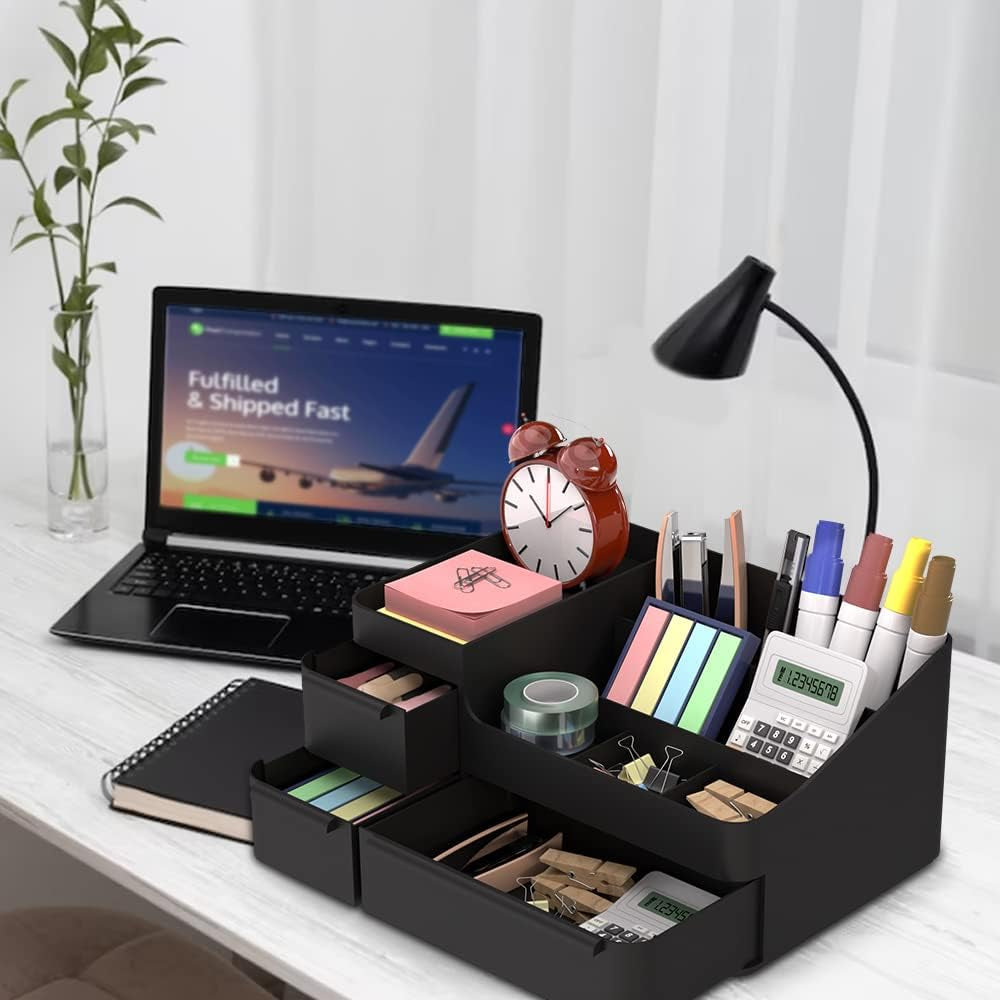Black Plastic Vanity Makeup Organizer with 6 Compartments, Perfect for Brushes, Eyeshadow Palettes, and Beauty Supplies, Comes with Drawer Organizer Tray for Easy Use.