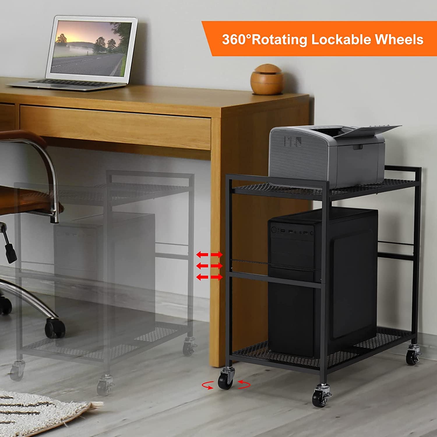 Mobile Computer Tower Stand with Caster Wheels - Metal 2 Tier Rolling Cart for PC Tower, Printer, and Fax - Ideal for Home Office Use - Black