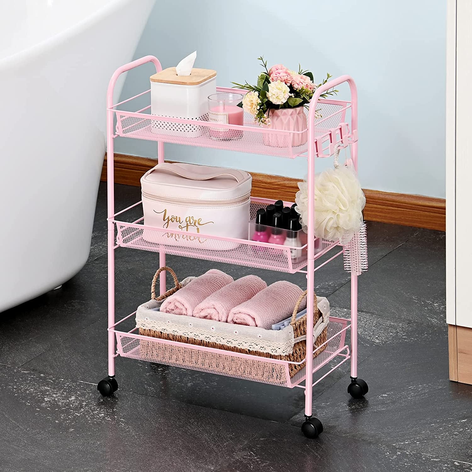 Pink 3-Tier Rolling Cart - Easy-to-Assemble Mobile Storage Trolley with Wheels, Ideal for Kitchen, Bathroom, Laundry Room, and More.