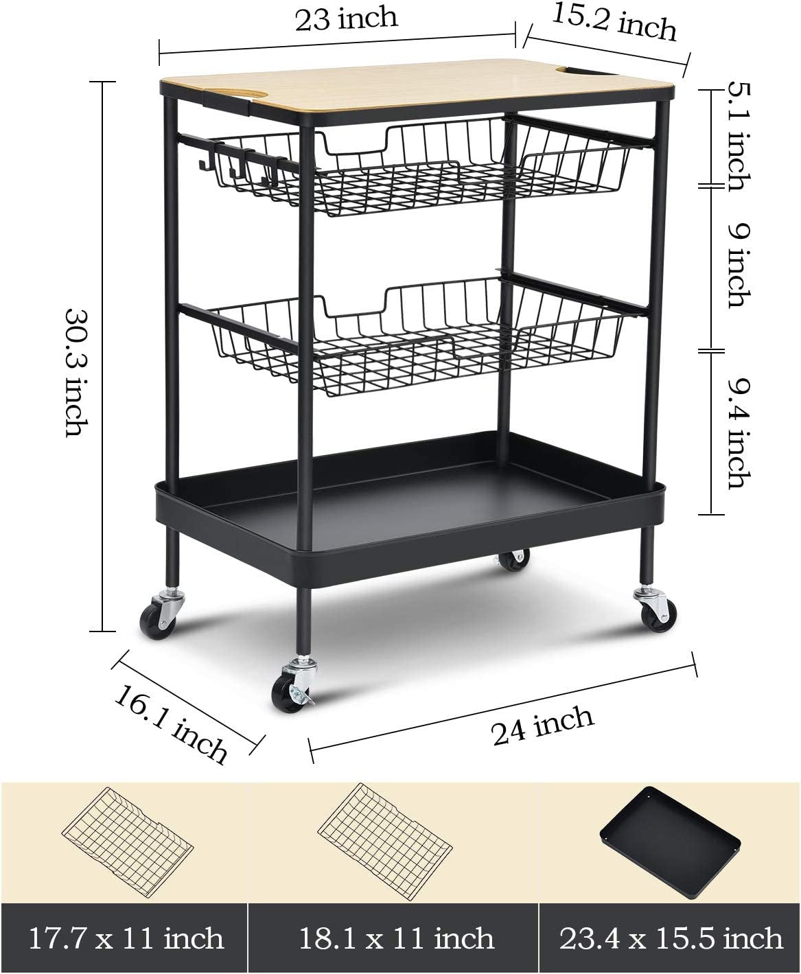 4-Tier Rolling Storage Cart, Kitchen Island Serving Cart: Features Utility Wood Tabletop, 2 Basket Drawers, and Universal Lockable Casters - Ideal for Home, Dining Room, Office, Restaurant, or Hotel Use