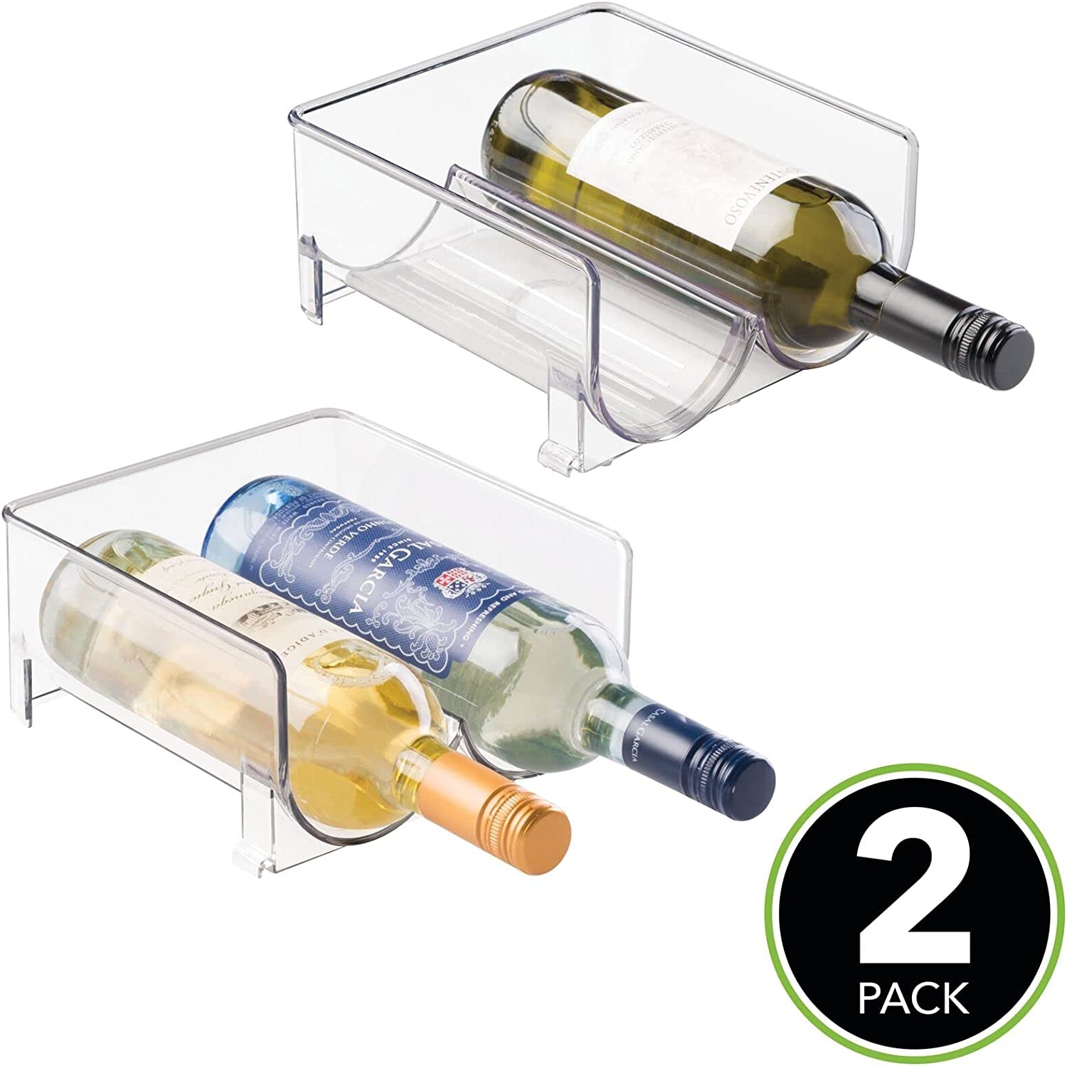 Plastic Free-Standing Wine Rack Storage Organizer: Designed for Kitchen Countertops, Table Tops, Pantry, and Fridge - Holds Wine, Beer, Pop/Soda, Water Bottles - Stackable, Each Rack Holds 2 Bottles, Comes in a Pack of 2 in Clear.