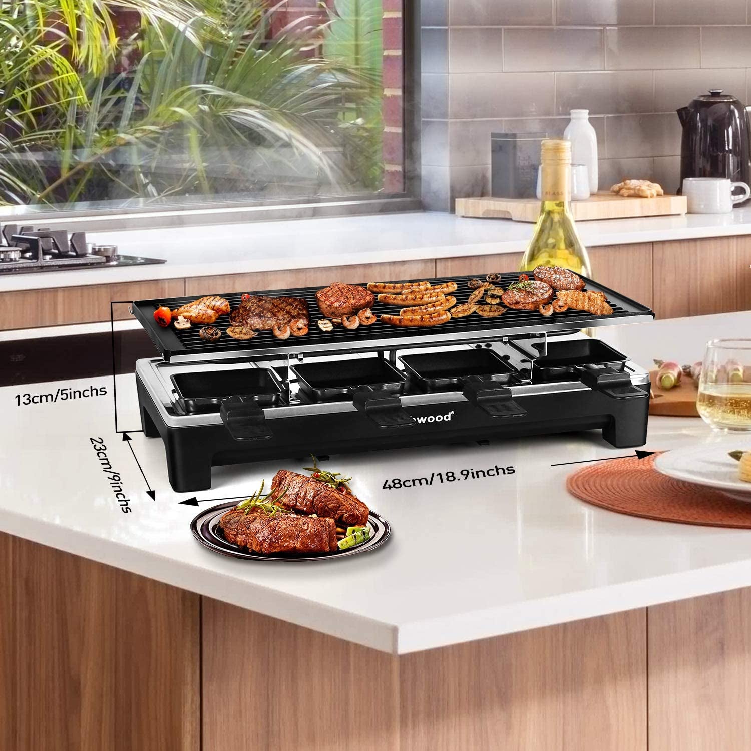 Electric Indoor Korean BBQ Grill - Tabletop Grill with Removable 2-in-1 Non-Stick Grill Plate, 1500W Fast Heating, 8 Cheese Melt Pans Included - Perfect for Parties and Family Gatherings - Black