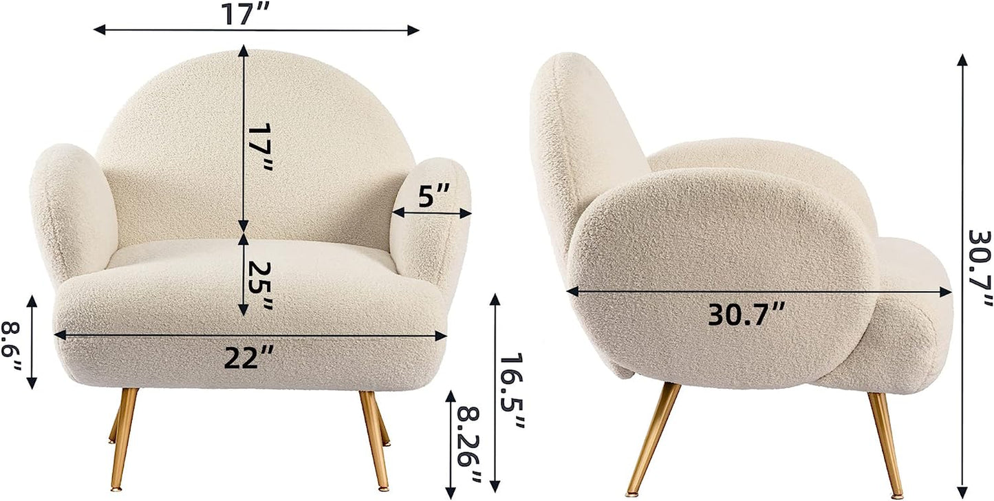 White Accent Sherpa Chair - Comfy Modern Armchair with Golden Metal Legs Mid-Century Sofa Chair