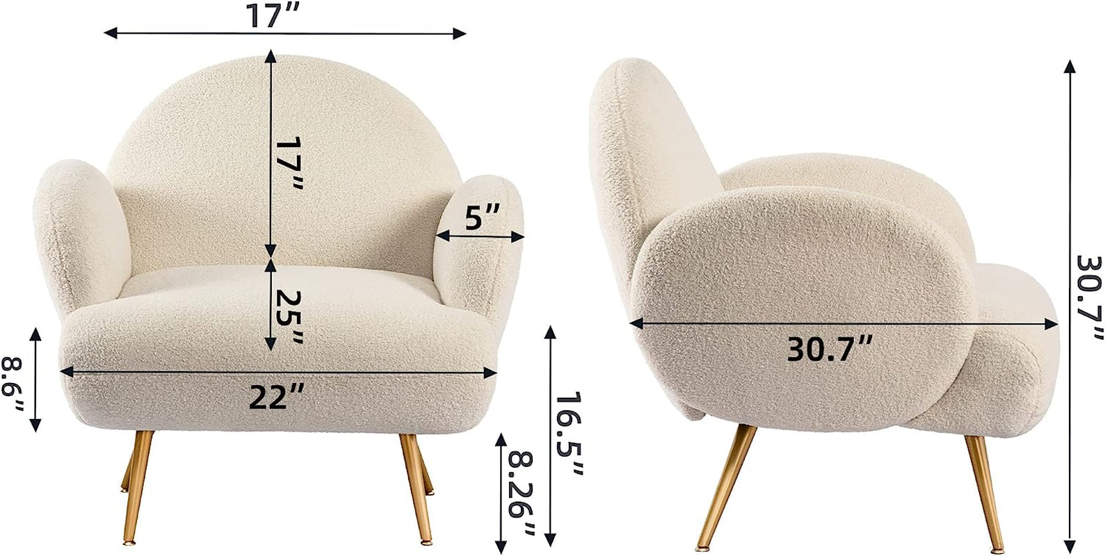 White Accent Sherpa Chair - Comfy Modern Armchair with Golden Metal Legs Mid-Century Sofa Chair