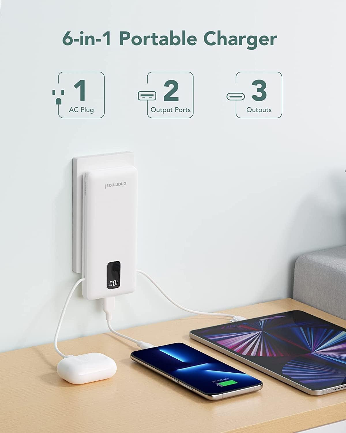 White Portable Charger with Built-in Cable - 10000mAh Power Bank - Slim Design with 5 Output Ports and LED Display - Includes Built-In AC Wall Plug, USB C, and Micro Cables - Integrated Battery Pack Compatible with iPhone and Samsung Galaxy S20