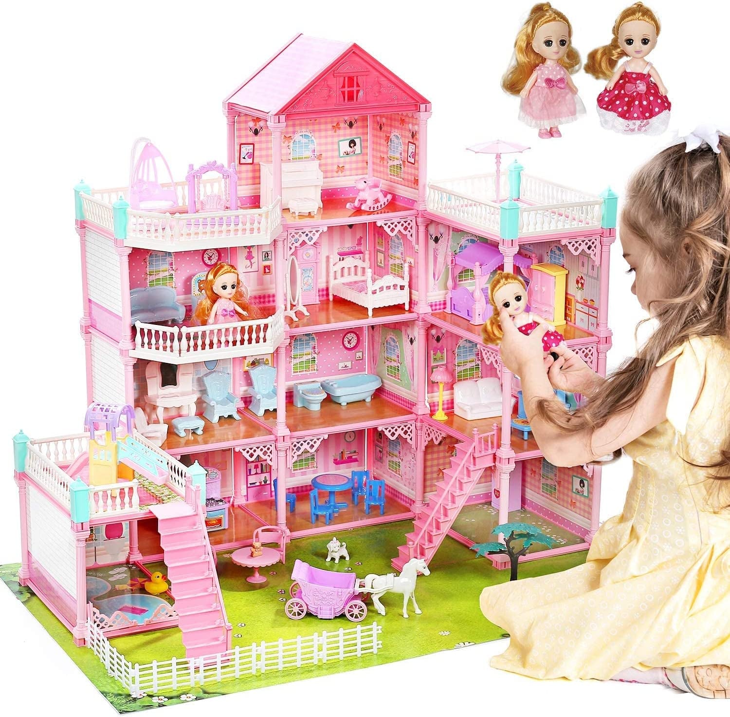 Huge Dollhouse with 11 Rooms - Includes 2 Dolls and Colorful Light, Measures 31" x 28" x 27", a Dream House Doll House Gift for Girls.