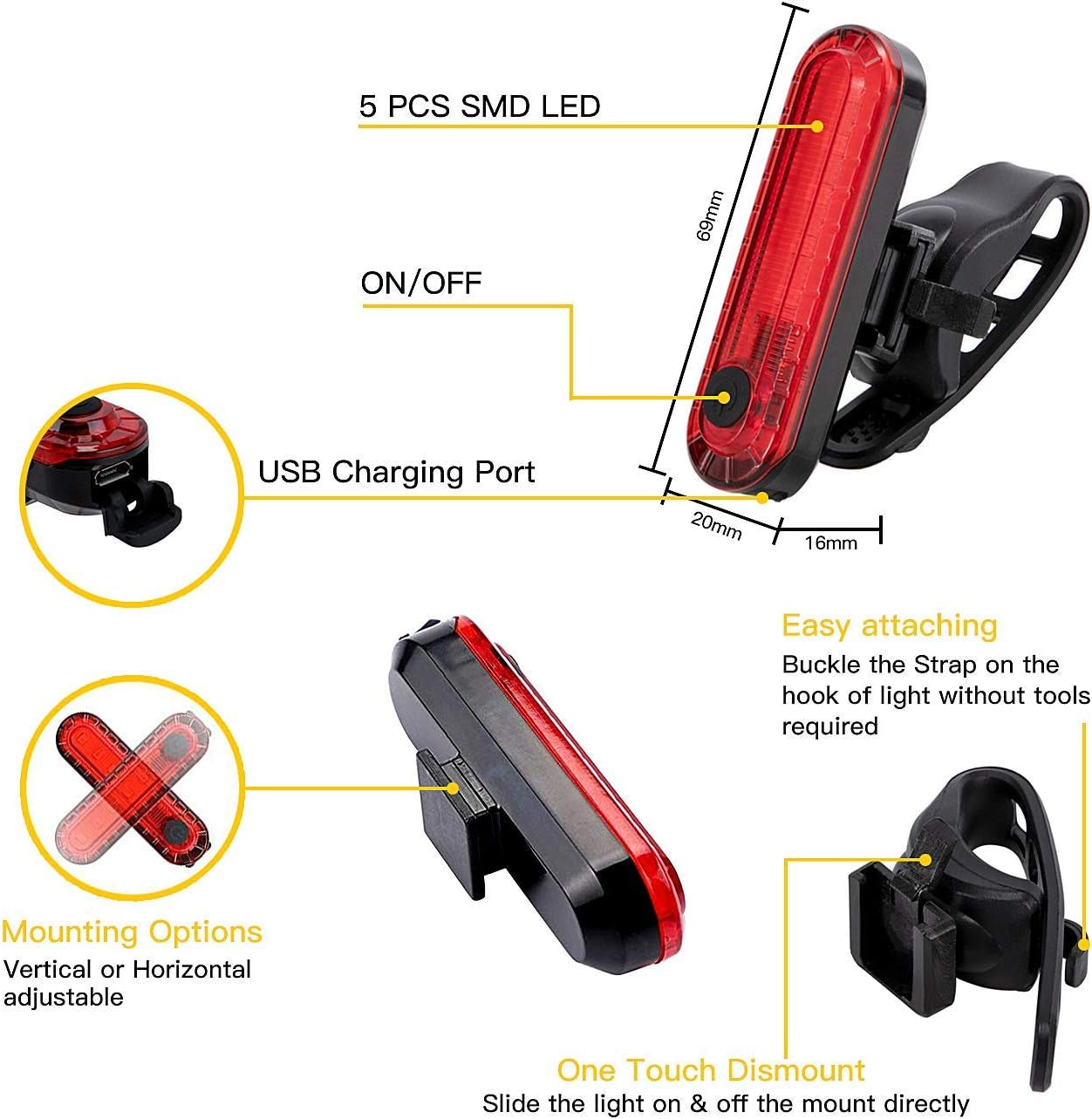 Super Bright Bike Front Light: 1200 Lumen, IPX6 Waterproof, 6 Modes Cycling Flashlight Torch, USB Rechargeable - Includes USB Cables and Tail Light