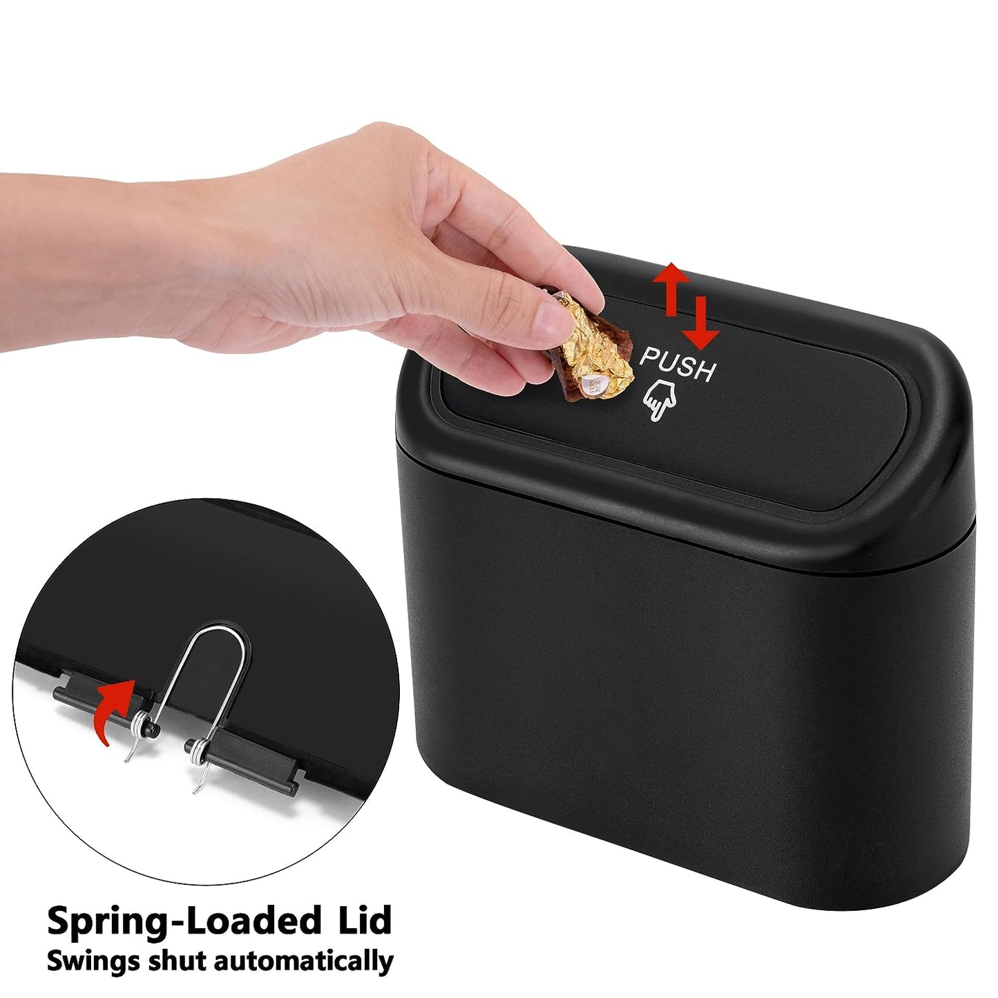 2 Pack Mini Car Trash Can with Lid,   Leakproof Auto Dustbin - 2 ABS Hooks and 90pcs Trash Bags Black