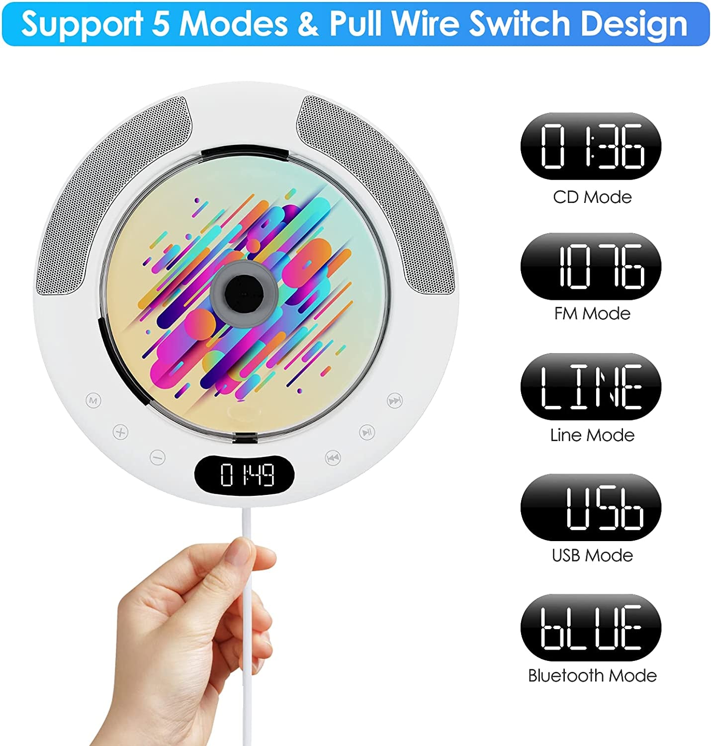 Portable Bluetooth CD Player - Wall Mountable for Home and Suitable for Car Use. This Desktop Music Player features Remote Control, Built-in HiFi Speakers, an LED Screen, FM Radio, and AUX Input/Output capabilities.