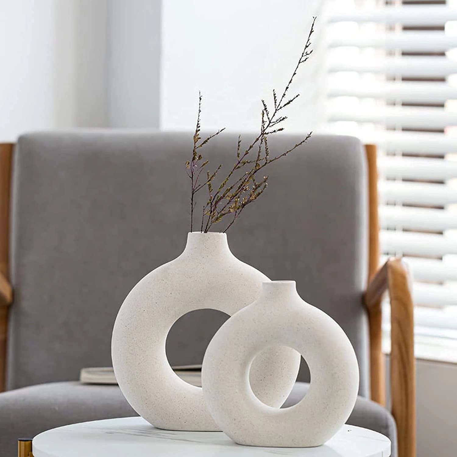 Set of 2 Modern White Ceramic Vases - Ideal for Home Decor in Living Rooms, Kitchens, Mantles, Bedrooms, Dining Tables, Offices, and Farmhouse Style Decor.