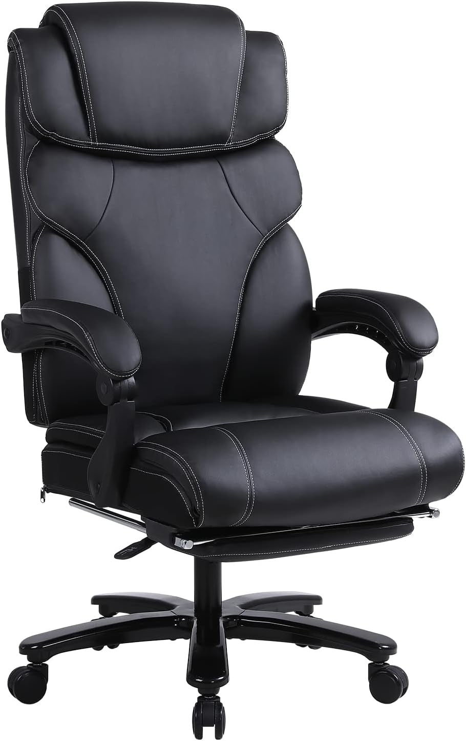 Tall Executive Office Chair - Ergonomic Leather Reclining Computer Desk Chair with Footrest, Adjustable Tilt Angle, High Back, Heavy Duty Metal Base, and Thick Padding. Identified as Model 9298-1 in Black.