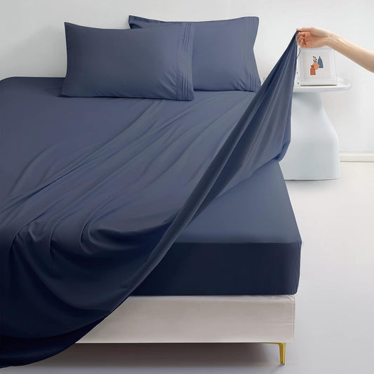 Queen Size Bed Sheets Set - Includes 1 Flat Sheet, 1 Fitted Sheet with a 16-Inch Deep Pocket, and 2 Pillowcases. Made from Super Soft Microfiber with a 1800 Thread Count. These Beddings are Wrinkle-Free and Resistant to Shrinkage. Color: Navy Blue.