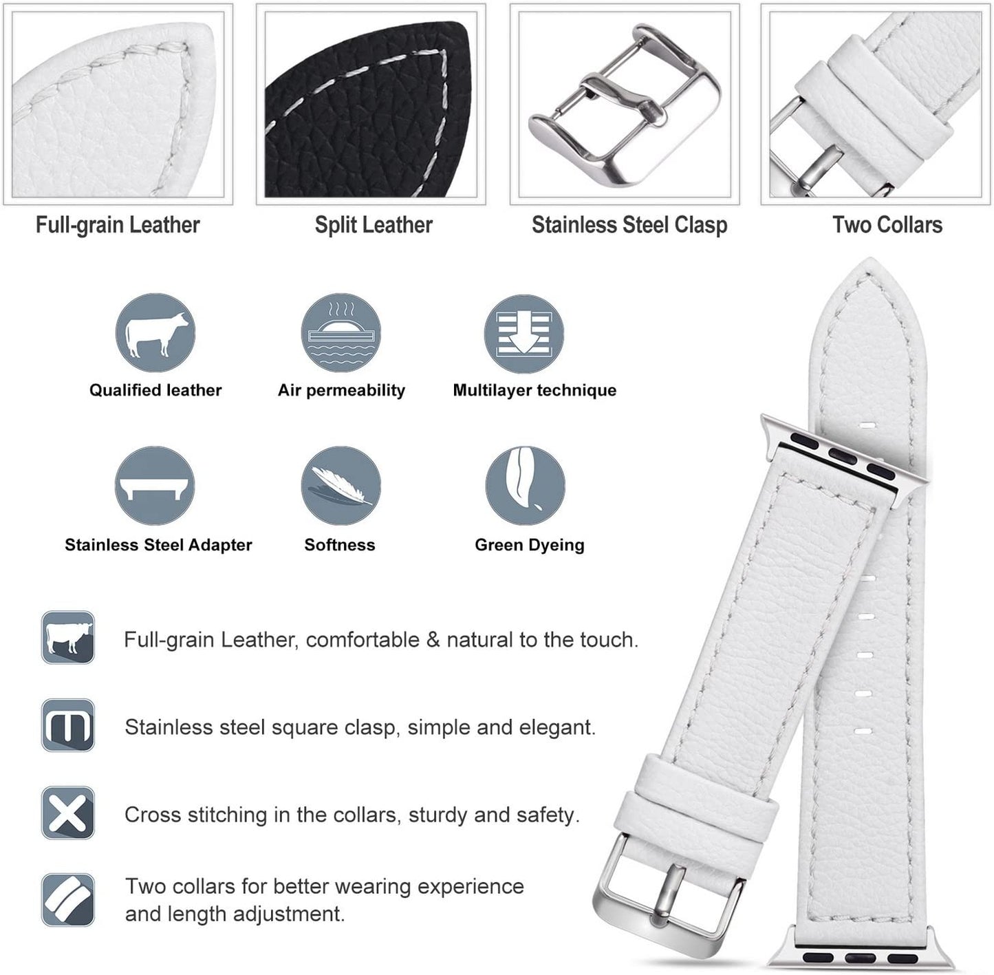 Texture Calf Leather Strap - Compatible with Apple Watch Band 38mm 40mm 41mm; Replacement Band/Strap/Bracelet for iWatch SE/SE2/Series 8/7/6/5/4/3/2/1; Available in White