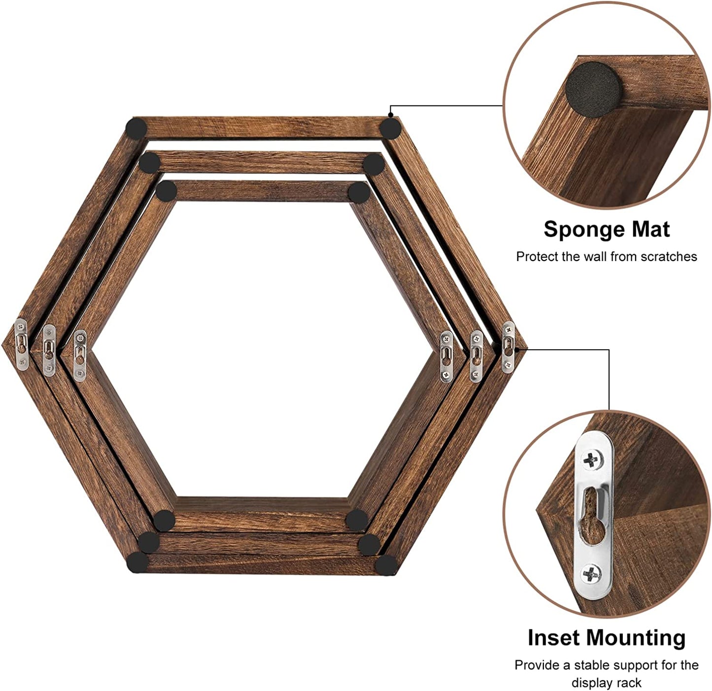 Set of 6 Hexagon Floating Shelves - Farmhouse Honeycomb Wall Storage Shelves made from Wood. These Hexagonal Shelves are Wall Mounted, Hanging, and add a Rustic Touch to Bedroom, Living Room, Hallway, and Office Decor in Brown.