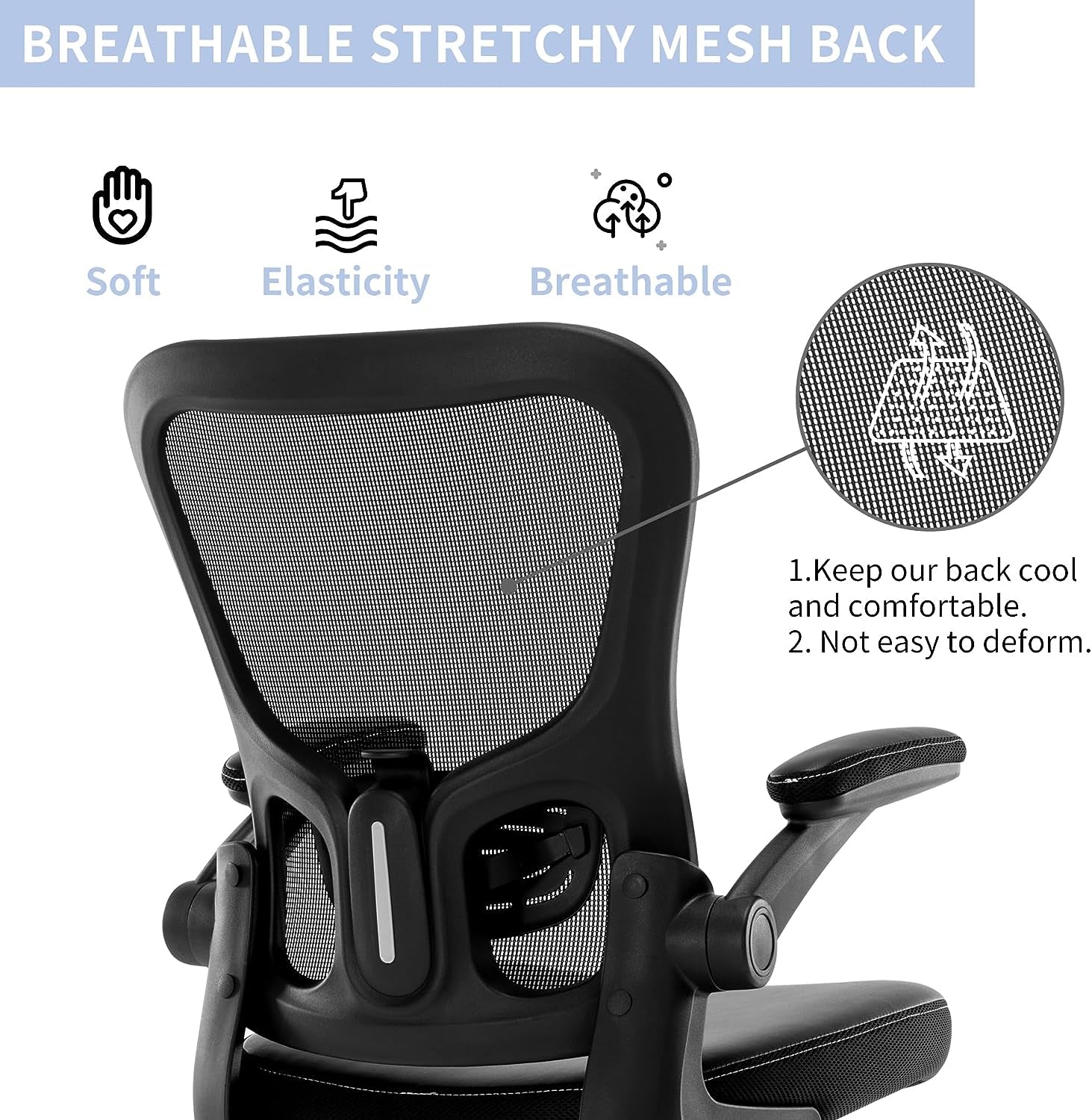 Ergonomic Office Chair - Mesh Mid-Back Design - Features Flip-Up Armrests - Adjustable Height - Equipped with PU Cushion - Suitable for Home and Computer Use - Color: Black.