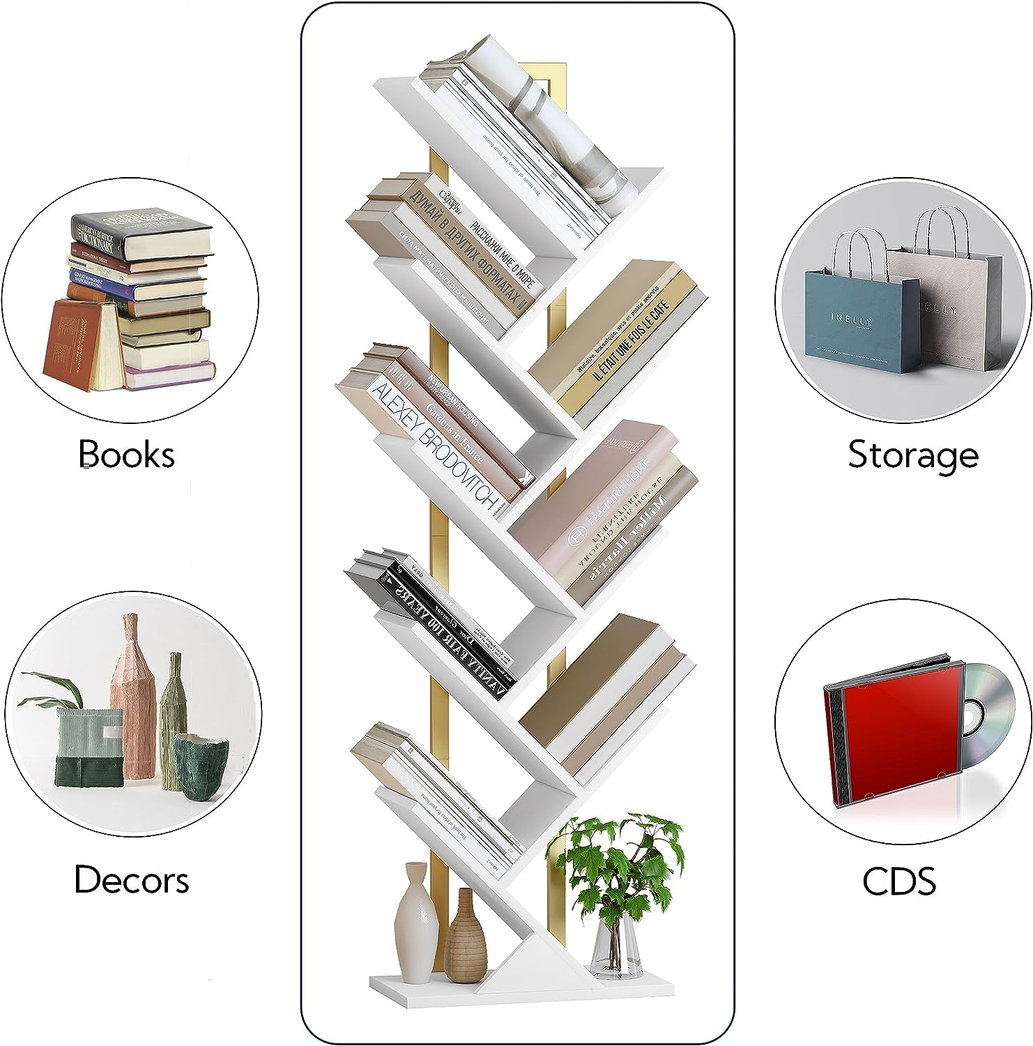 Geometric Tree Bookshelf with Steel Pipe - A Stylish Floor Standing Bookcase for Living Room, Bedroom, Home Office. Available in Gold and White.