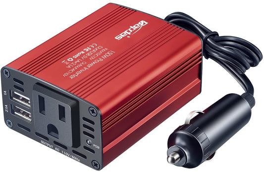 150W Car Power Inverter with DC 12V to 110V AC Outlet Converter and Dual USB Ports - Auto Charger Adapter for Laptops and Smartphones (Red)