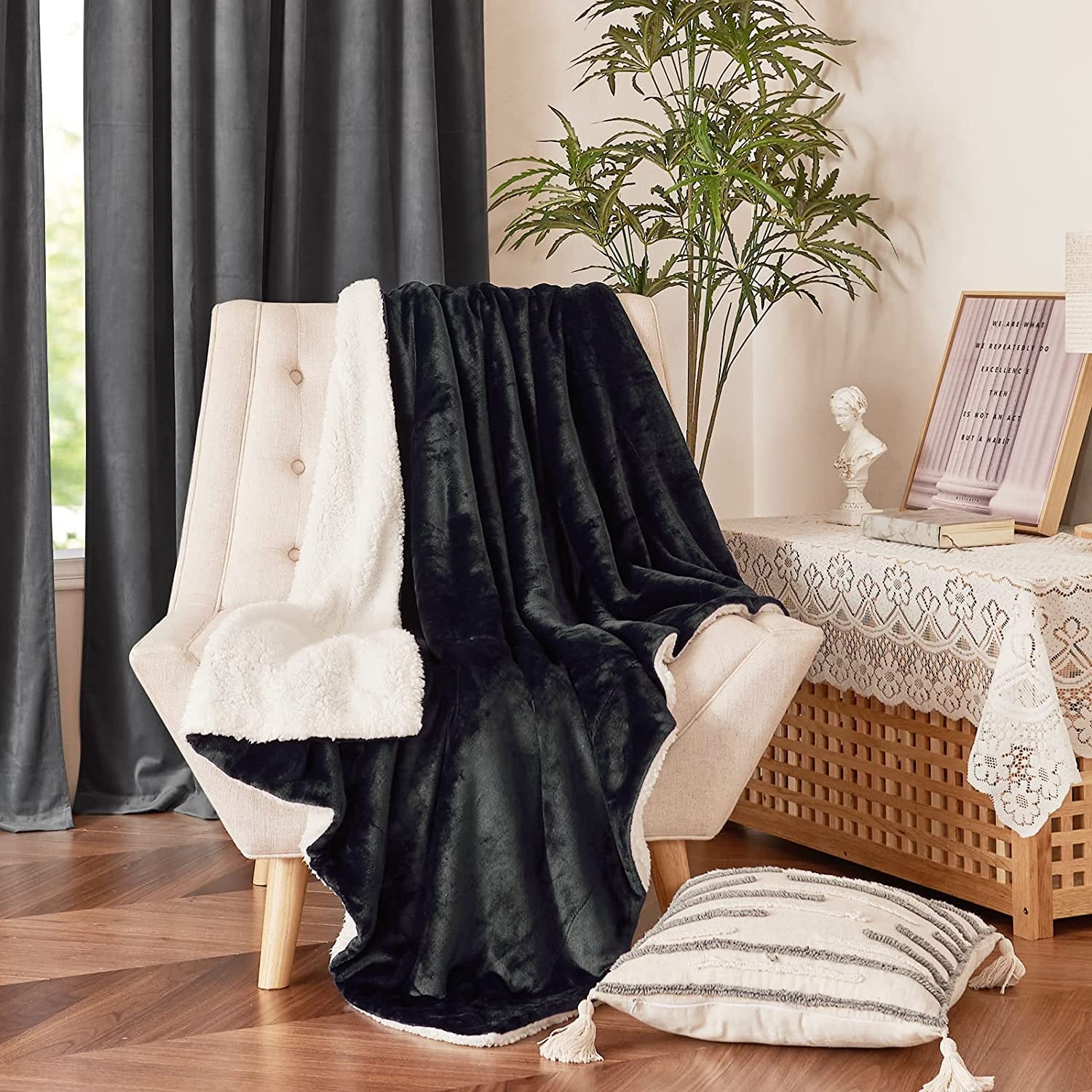 Black Sherpa Fleece Blanket - A Warm, Dual-Sided Fluffy Plush Lap Blanket measuring 50 x 60 inches. Super Soft and ideal for Kids, School Dormitories, Women, Babies, and suitable for All Seasons. A great Gift Throw Blanket.