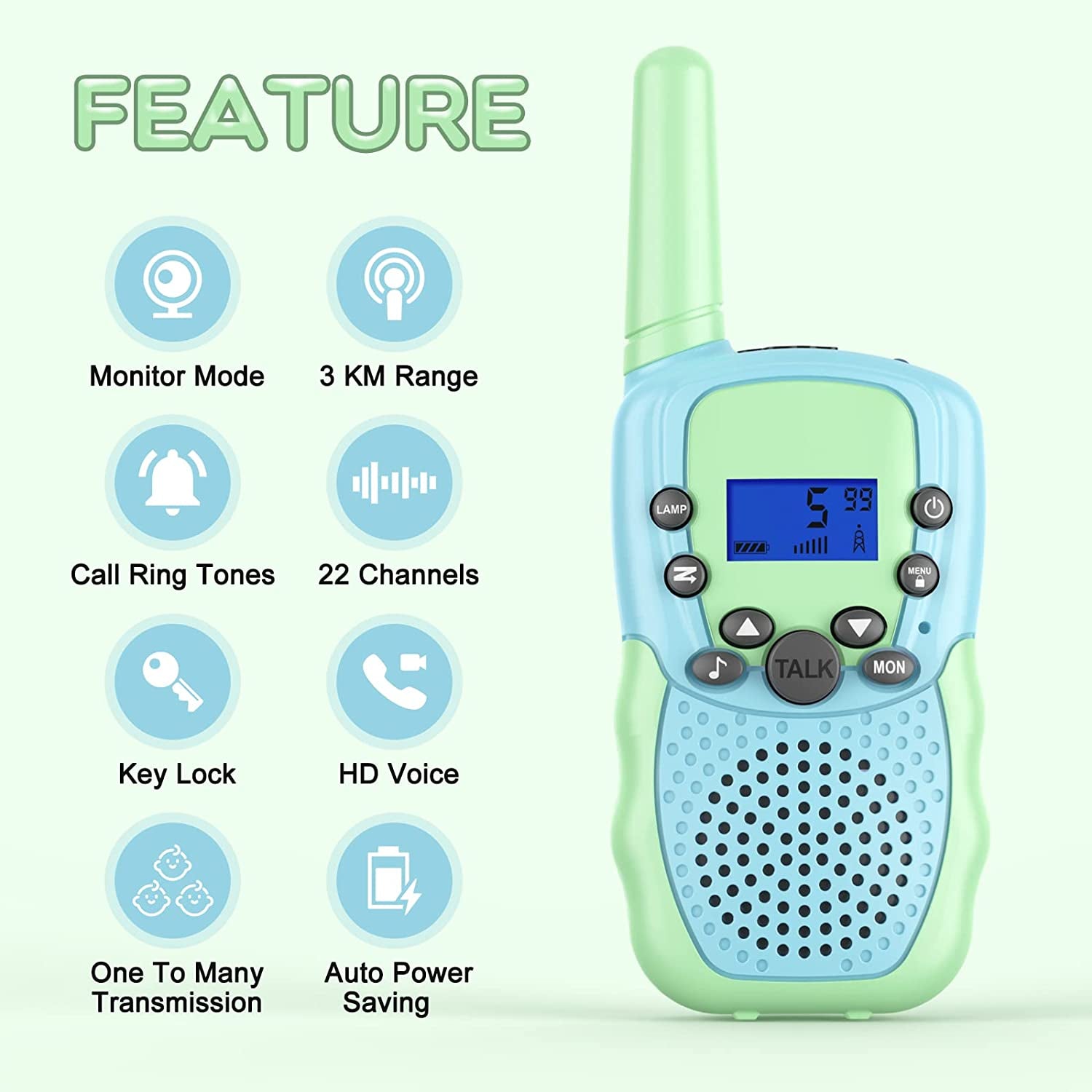 2-Pack of Rechargeable Walkie Talkies for Kids - These Kid Walkie Talkies offer a 3 KM Range, 22 Channels, and come with a Flashlight. They make excellent Birthday Gifts for Boys and Girls aged 3-8 years old.