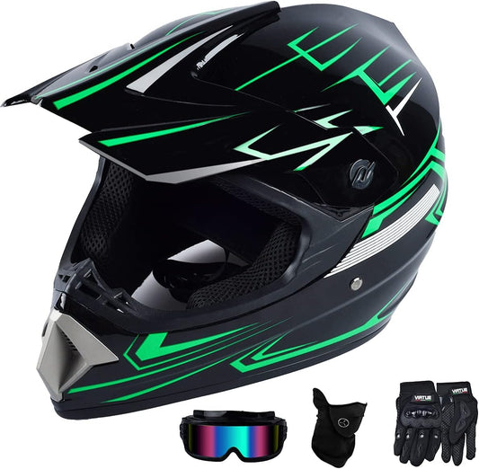 Motocross Helmet Set: Adult Sun Visor Motorcycle Helmet, suitable for Dirt Bike and Mountain Bike. Includes Windproof Mask, Goggles, and Gloves (4Pcs Set).