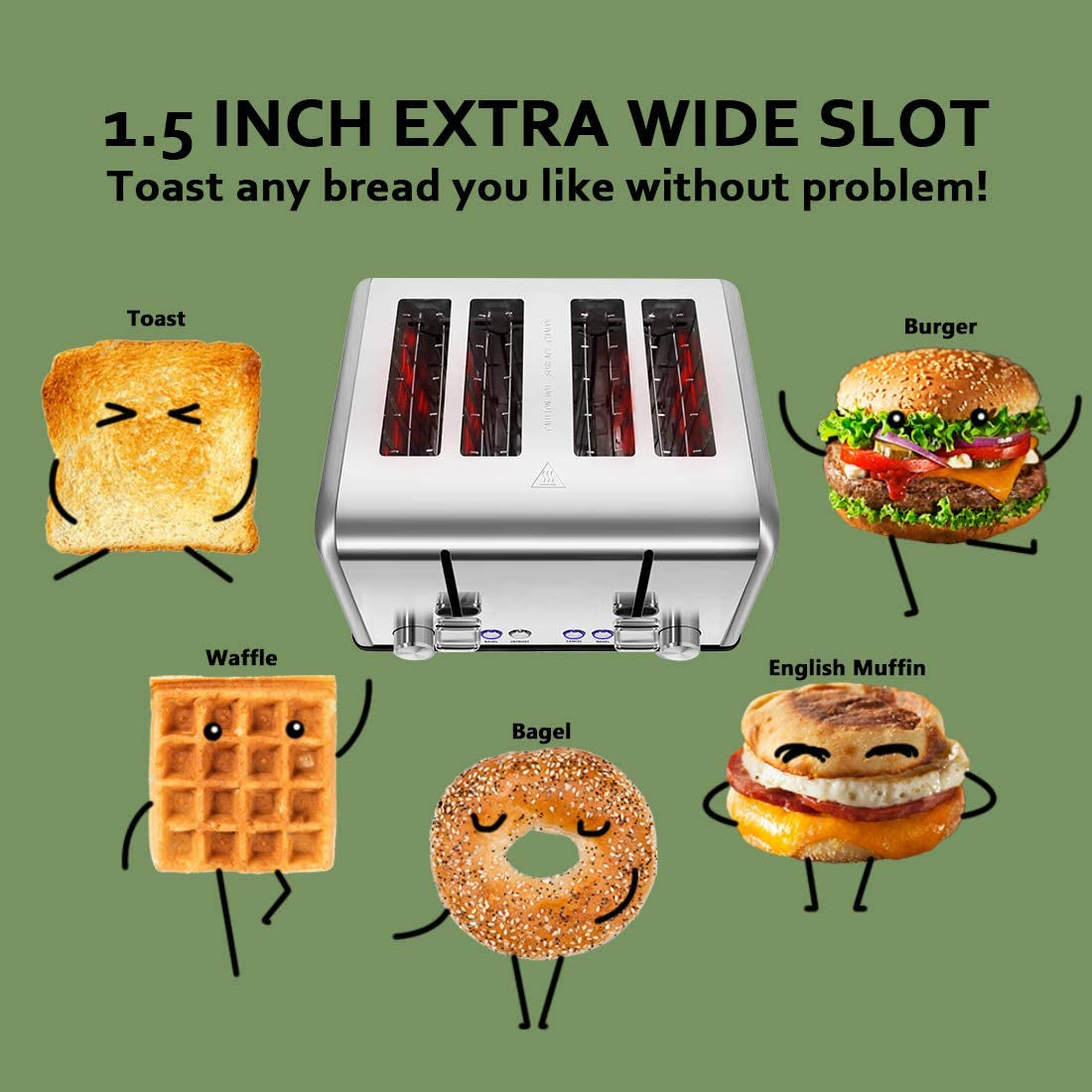 4-Slice Stainless Steel Toaster: With 4 Extra Wide Slots, Bagel/Defrost/Cancel Functions, 6 Shade Settings, and a Removable Crumb Tray.