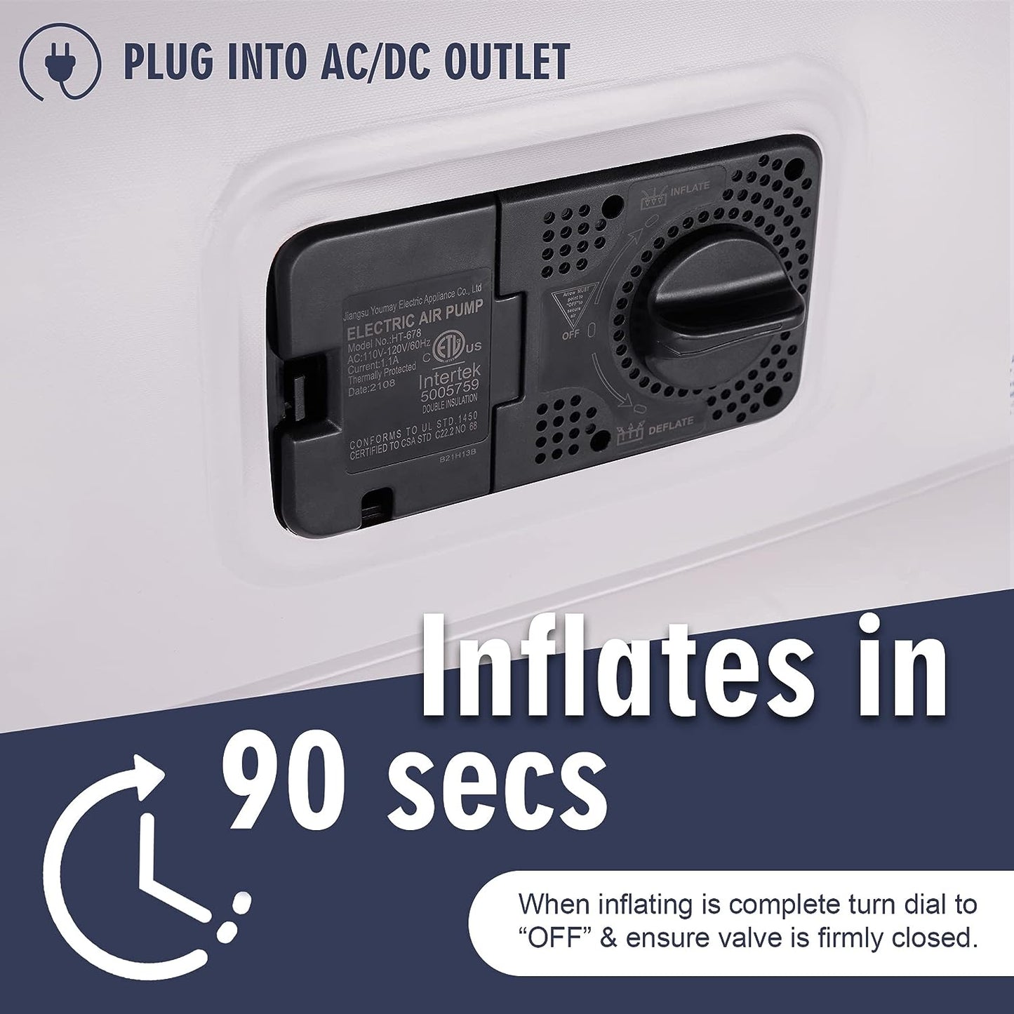 Queen Size Inflatable Air Bed with Built-in Pump for 1-2 Persons, Premium Flocked Material, Rapid 3-Minute Inflation/Deflation, Perfect for Home and Camping, Includes Convenient Storage Bag.