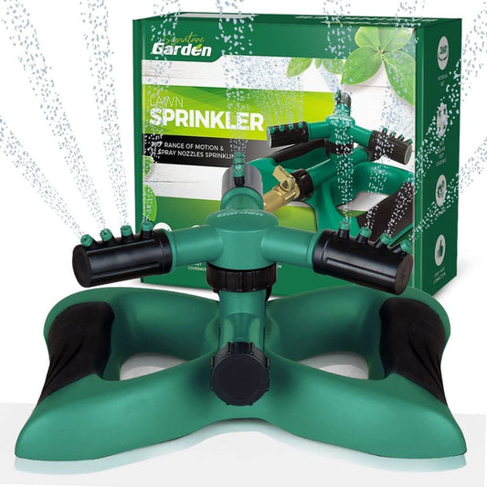 Three Arm Garden Sprinkler with Twelve Built-in Spray Nozzles - Provides 360 Degree Rotation and Covers 3600 Square Feet