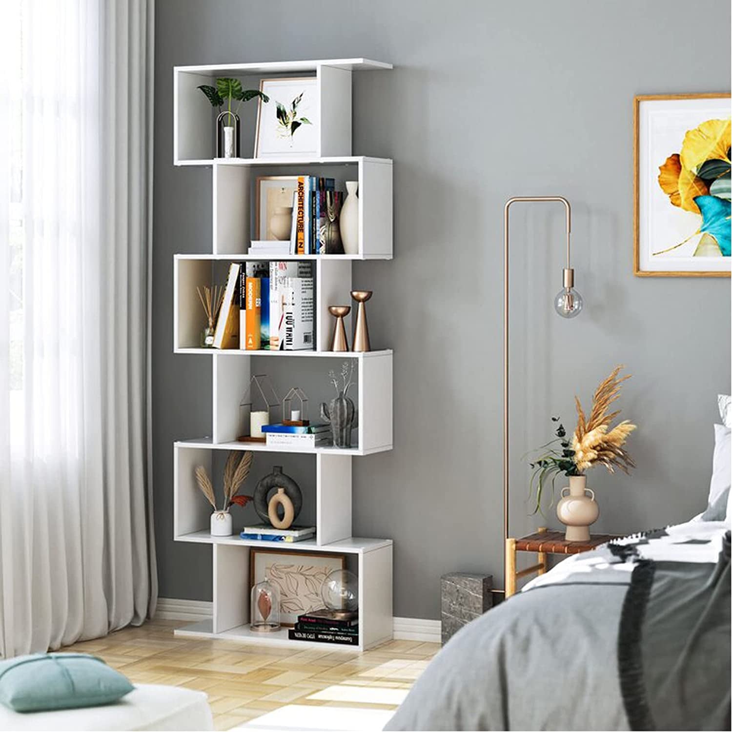 6-Tier Wooden S-Shaped Bookshelf in White - Ideal for Living Room, Bedroom, and Study Room Display.