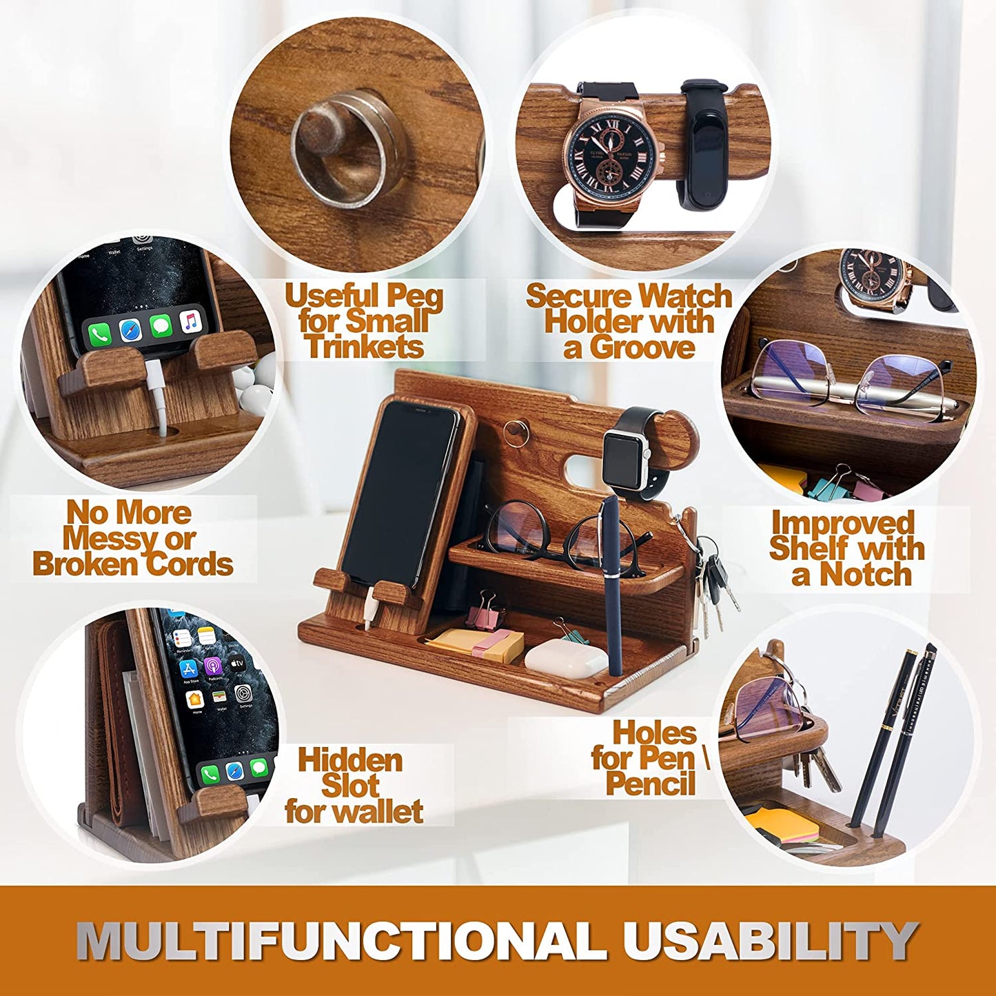 Wooden Phone Docking Station with Key Holder, Wallet Stand, and Nightstand Desk Organizer - Ideal Gifts for Dad, Him, Birthday, Anniversary, Christmas, and More in a Beige Color