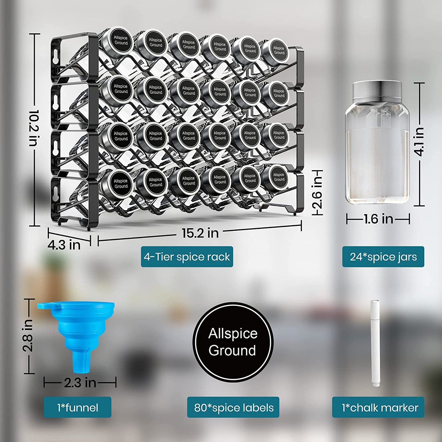 4-Tier Spice Rack with 24 Glass Jars, Labels, Marker, Funnel - Wall Mounted or Free Standing.