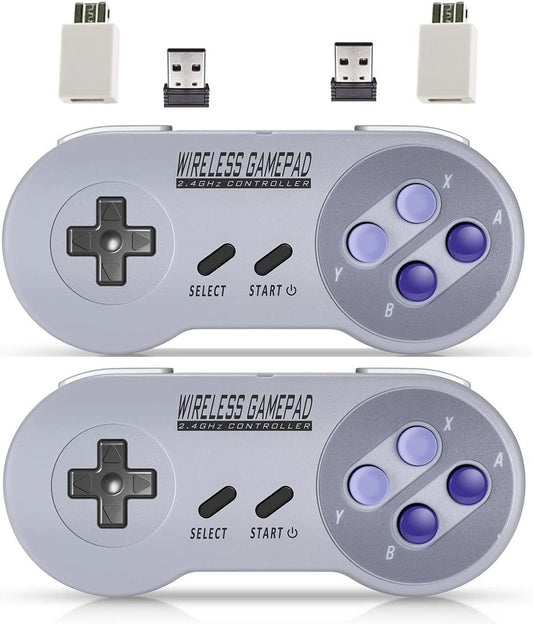 Mini SNES Wireless Controller (Classic Edition/Mini NES) - Not Compatible with Copied Console Gamepads. Includes USB Wireless Receiver for Switch, Windows, iOS, Linux, and Android Devices. Comes in a 2-Pack.