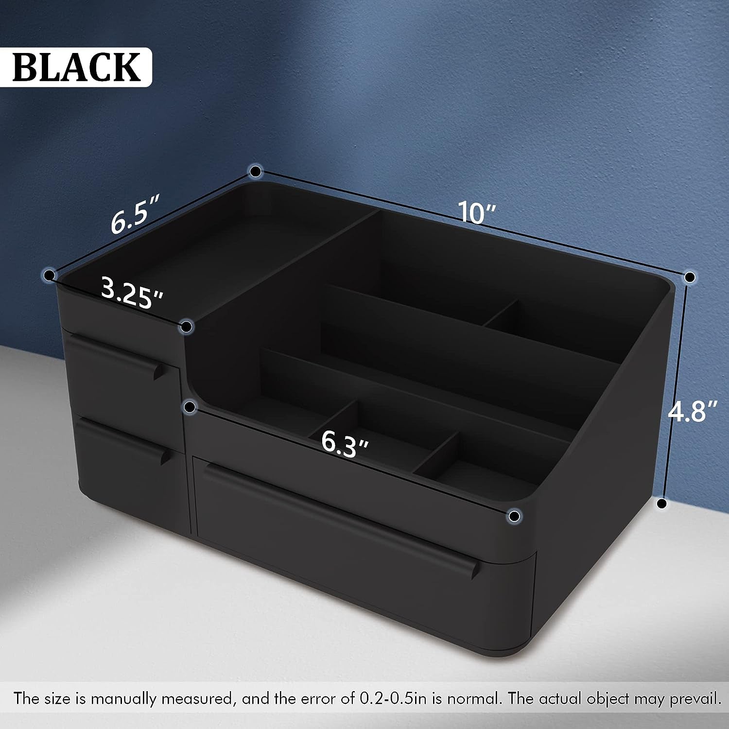 Black Plastic Vanity Makeup Organizer with 6 Compartments, Perfect for Brushes, Eyeshadow Palettes, and Beauty Supplies, Comes with Drawer Organizer Tray for Easy Use.