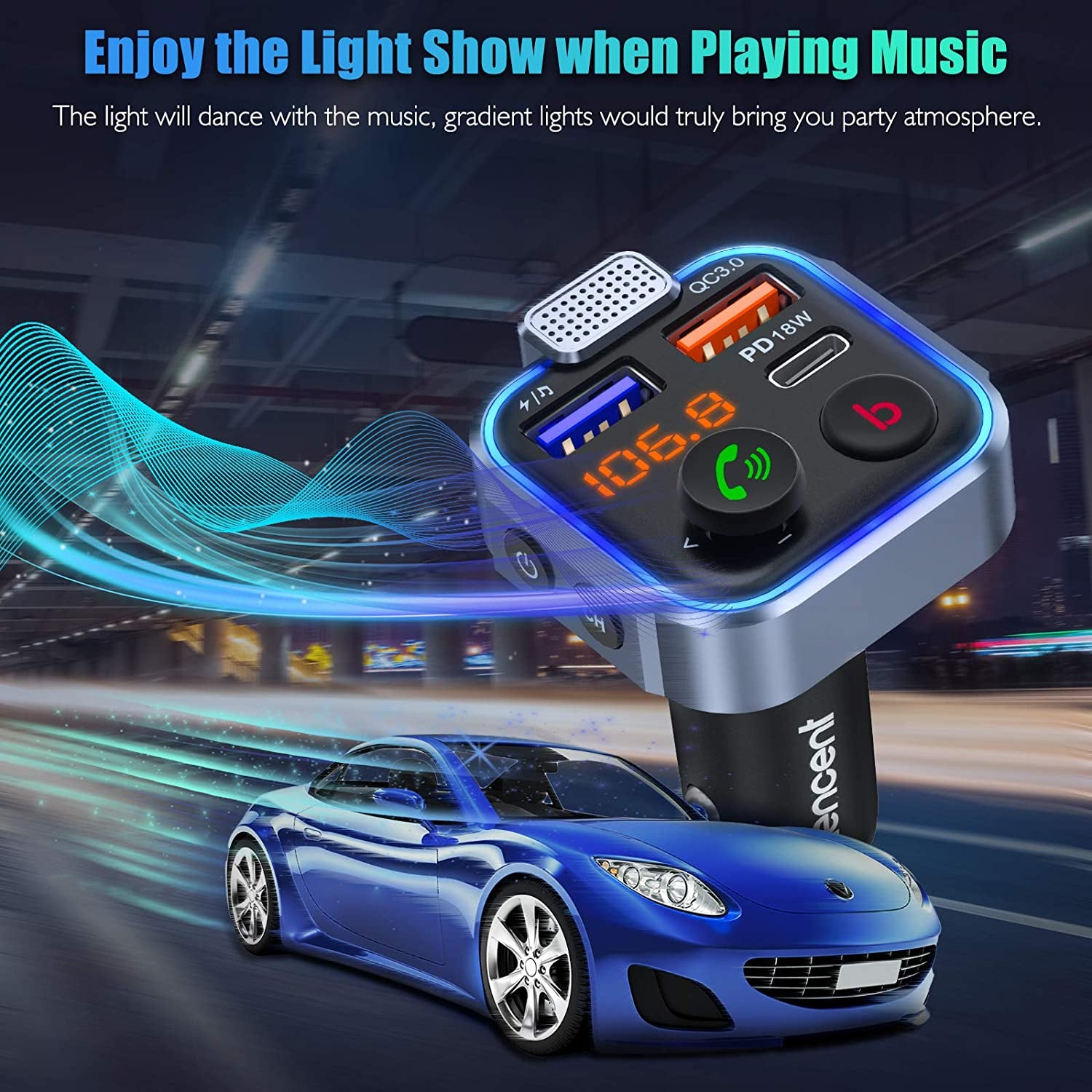 Car FM Transmitter with Wireless Bluetooth 5.0, PD3.0 Type C 20W+QC3.0 Car Fast Charger, Hands-Free Calling, Bass Lossless Hi-Fi Sound Support, and U Disk Compatibility