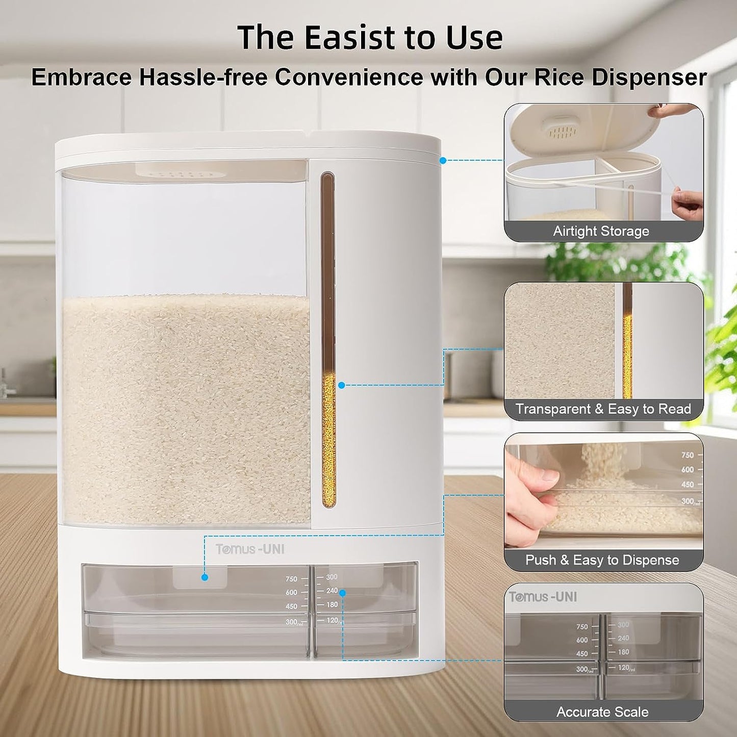 Dual Compartment Rice Dispenser: 12KG Capacity with Measuring Cup, Ideal for Storing Rice, Beans, Grains, and Small Dry Foods, Featuring Separate 8KG and 3KG Compartments