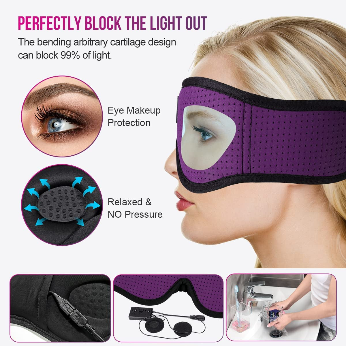 Wireless Sleep Headphones Bluetooth Headband with Breathable 3D Design - Music Eye Mask and Earbuds for Side Sleepers, Women, Office, Air Travel - Cool Tech Gadgets, Unique Gifts (Purple)