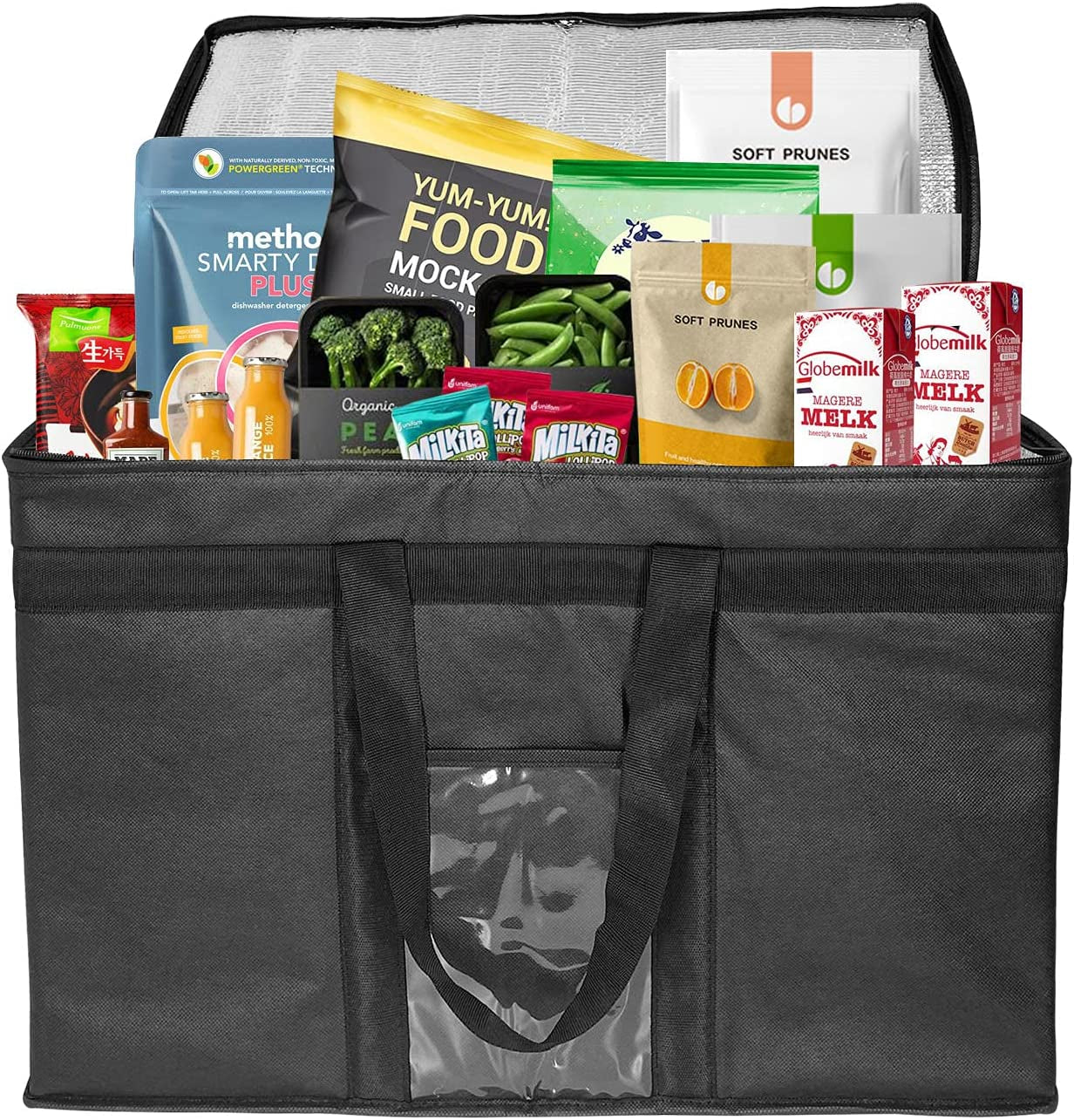 Extra-Large Insulated Cooler Bag - 23" W x 15" H x 14" D. Reusable Double Zipper Bag for Food Delivery, Restaurant, Instacart, and Food Transport. Keeps Food Hot or Cold. Available in Black.