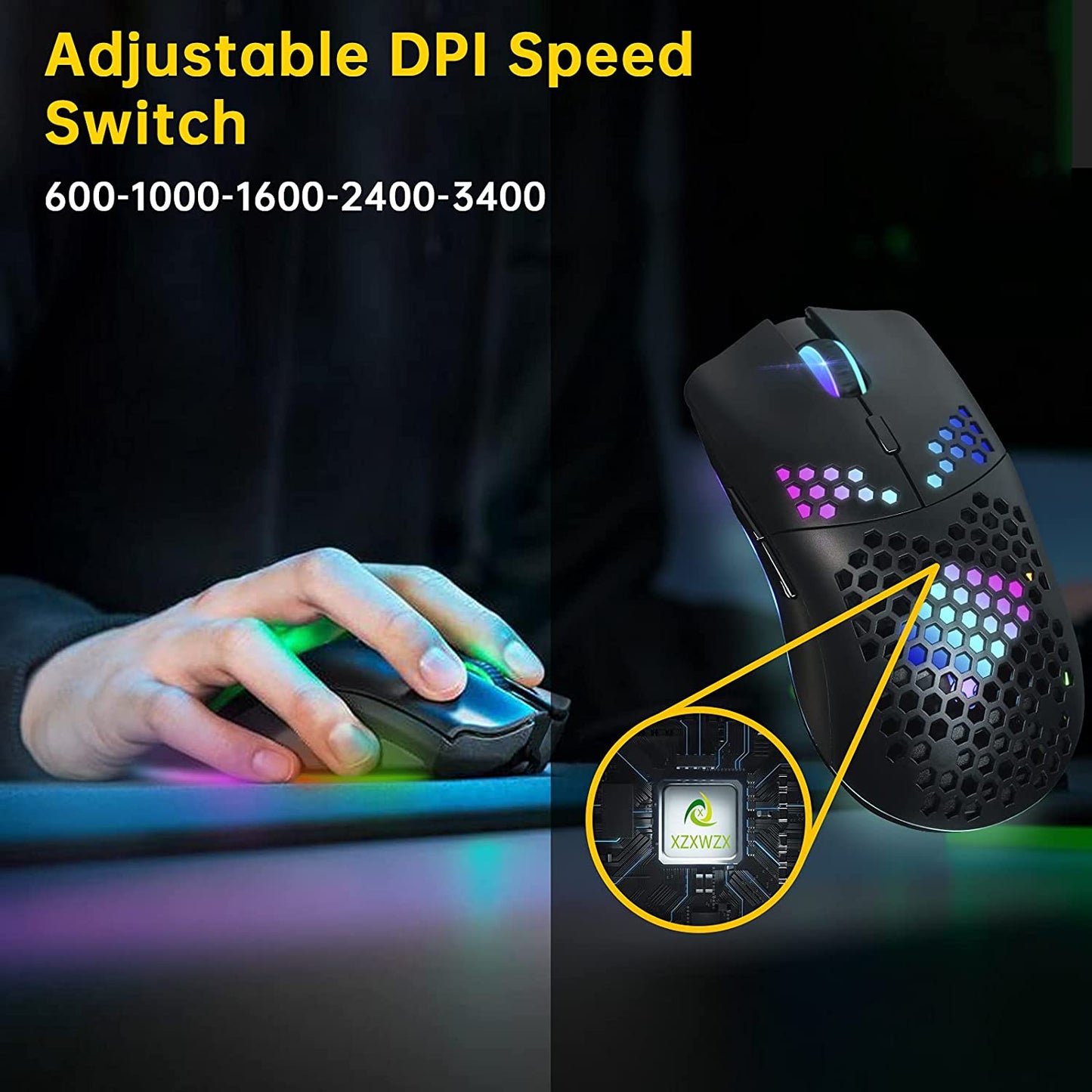 Wireless Gaming Mouse with Honeycomb Shell, 11 RGB Backlit, 3,400 DPI, 6 Programmable Buttons, USB Receiver, Power Saving, Wireless Mouse for PC/Mac/Laptop in Black