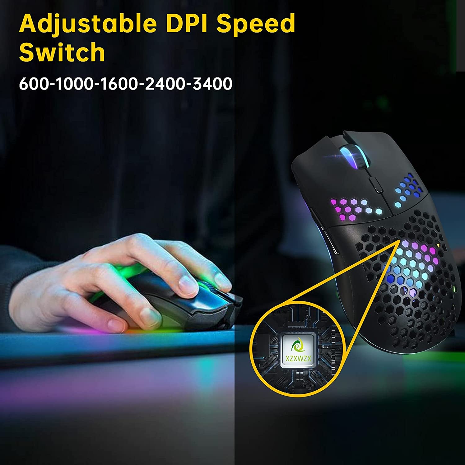 Wireless Gaming Mouse with Honeycomb Shell, 11 RGB Backlit, 3,400 DPI, 6 Programmable Buttons, USB Receiver, Power Saving, Wireless Mouse for PC/Mac/Laptop in Black