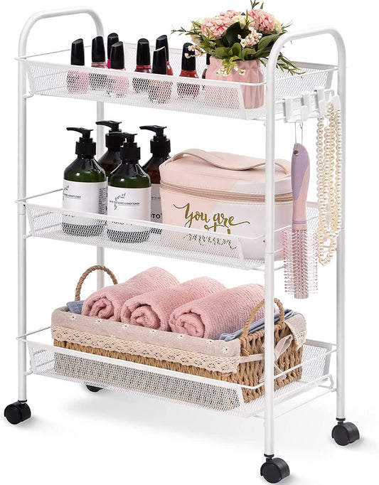 Rolling 3-Tier Cart - Easy Assembly, Mobile Storage Trolley with Wheels, Slide-Out Utility Cart for Kitchen, Bathroom, Laundry Room White