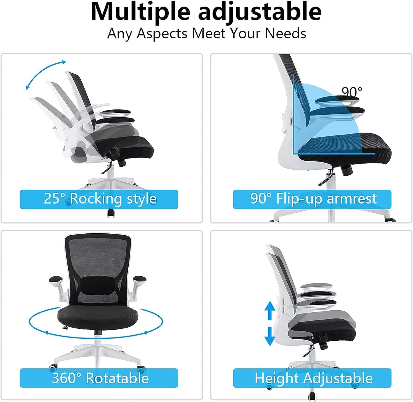 Ergonomic Office Chair - Breathable Mesh Design with Lumbar Support - Features Wheels and Flip-Up Arms - Swivel Task Chair - Adjustable Height - Suitable for Home or Gaming Use - Color: White