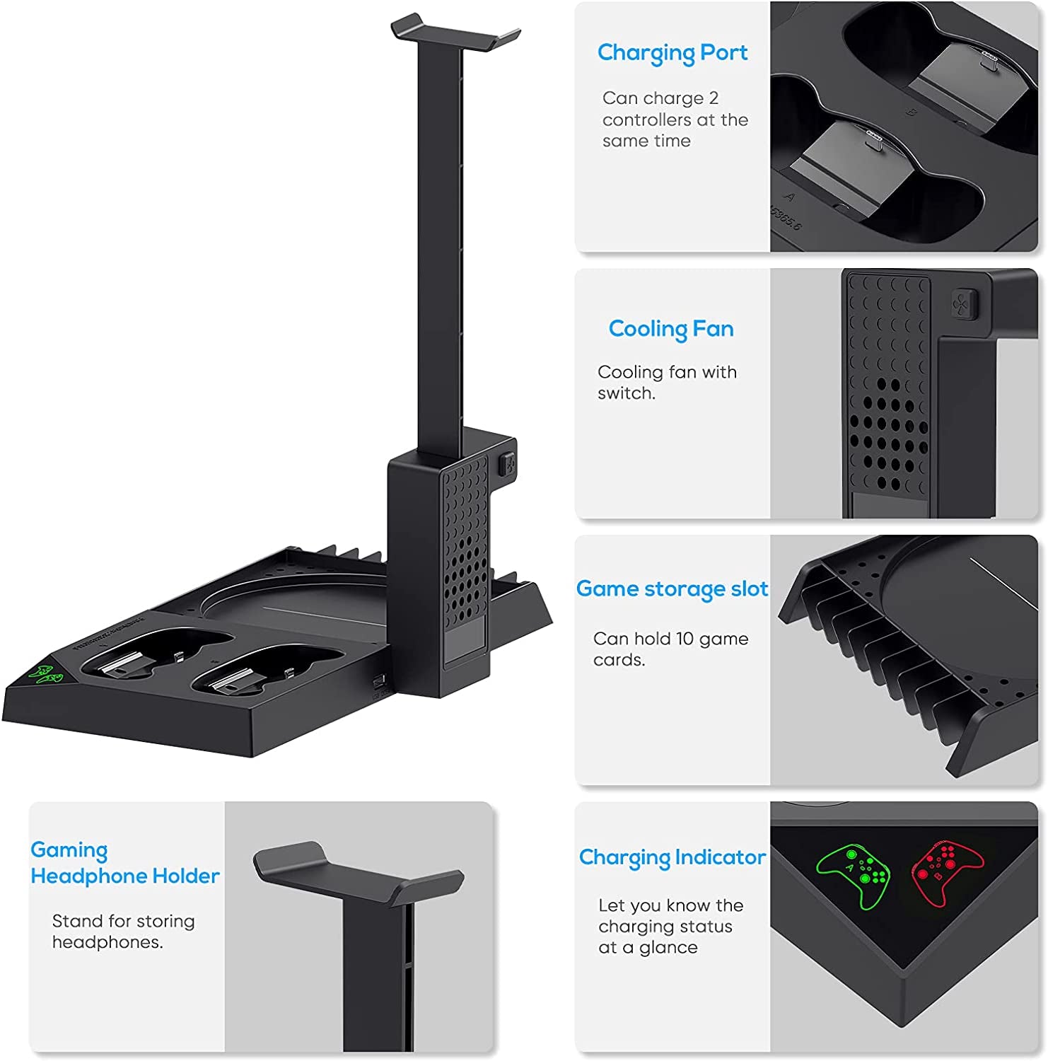 Vertical Charging Stand with Cooling Fan for Xbox Series X Console & Controller, Dual Charger Station Dock with Rechargeable Batteries, Protective Cover, Headset Stand, and Game Slots (Black)