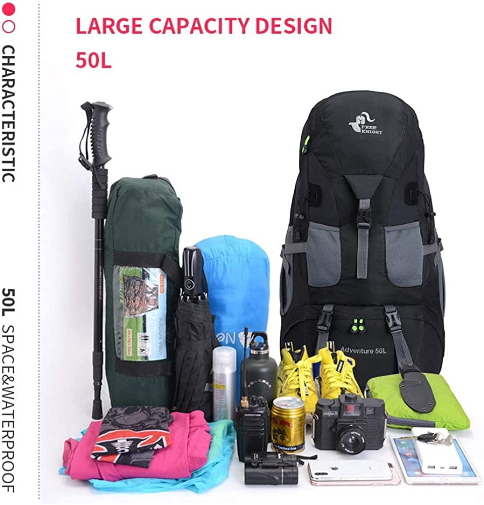 50L Water Resistant Hiking Backpack for Climbing, Camping, and Touring