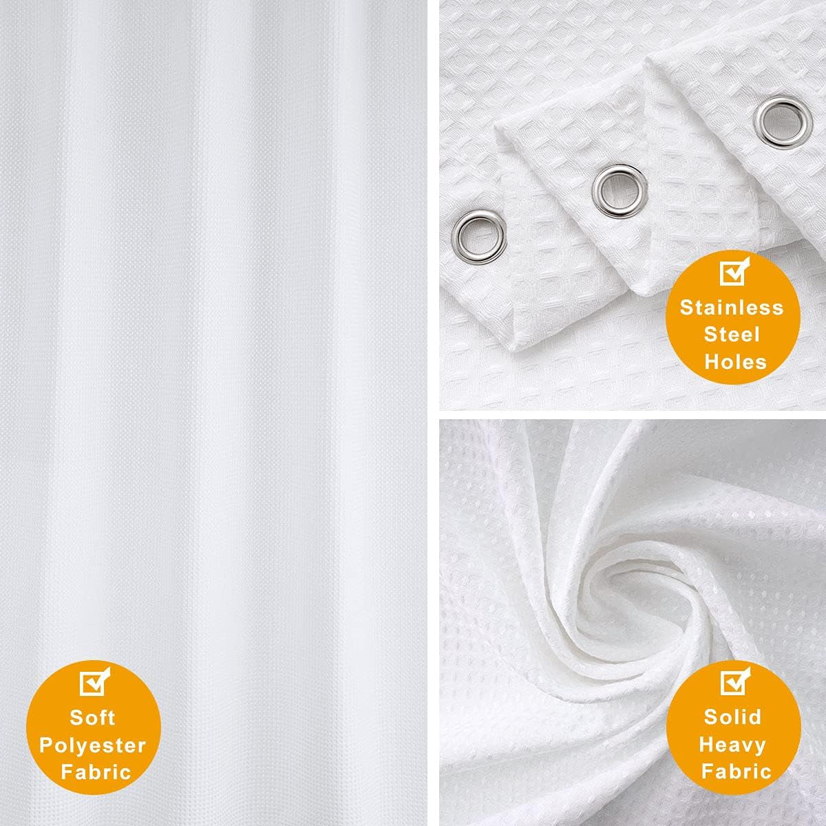White Waffle Weave Extra Long Fabric Shower Curtain - 72" x 84" - Water Repellent, Hotel Quality, Washable Decorative Bathroom Curtain for Showers & Bathtubs