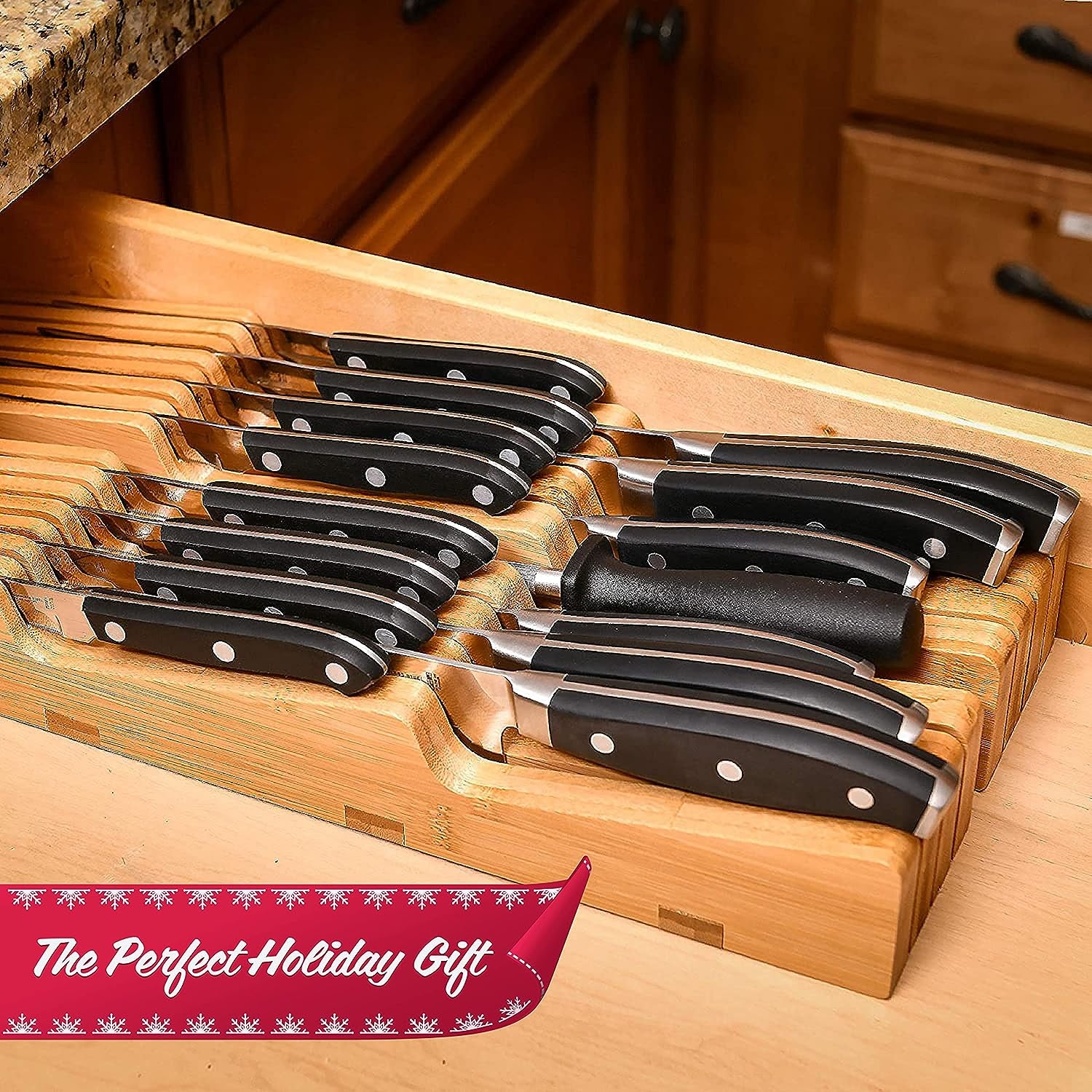 Bamboo In-Drawer Knife Block - Holds 14 Knives, Includes Sharpener Slot, Premium Organizer (2" tall, 17" deep)