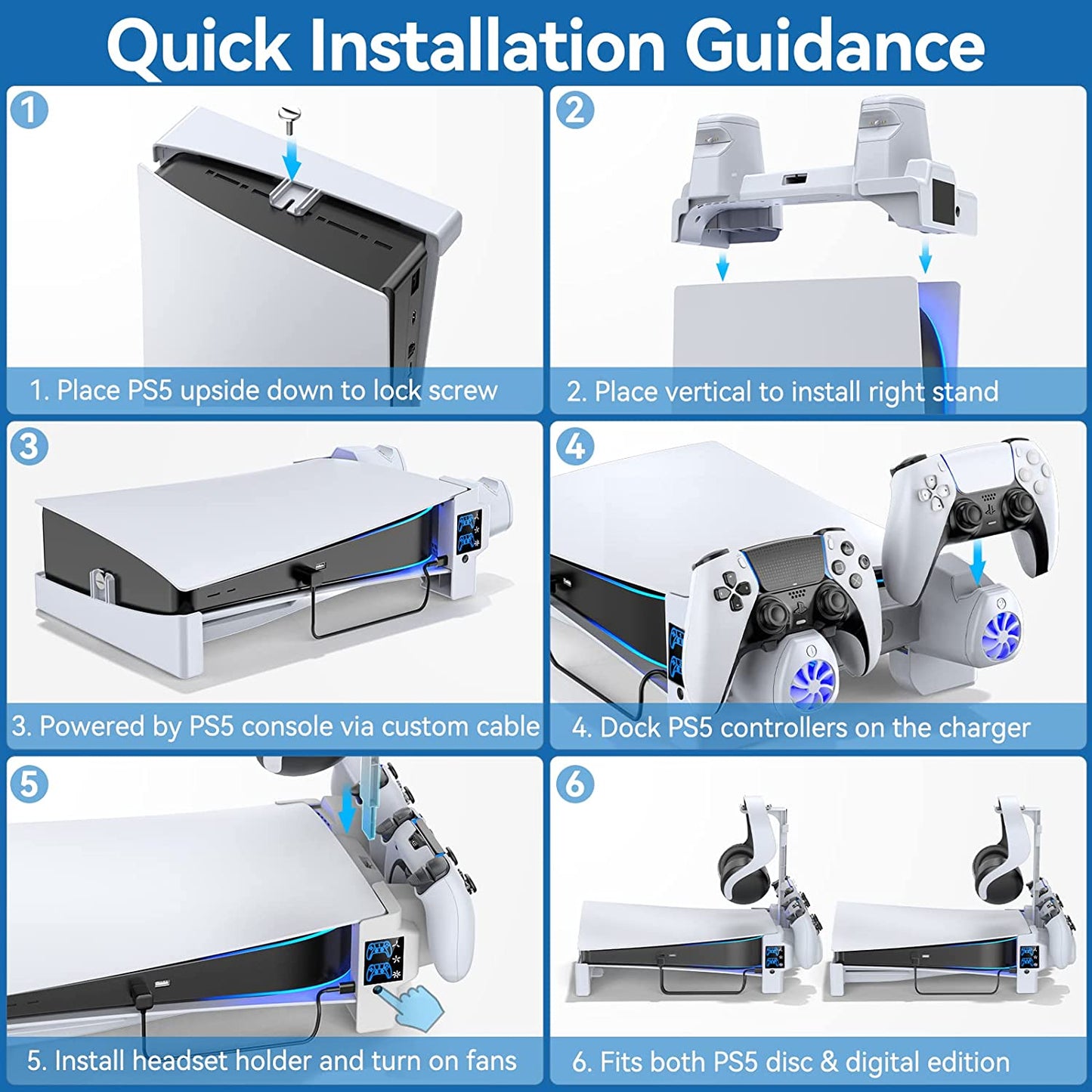Playstation 5 (PS5) Horizontal Stand with 3-Level Cooling Fans - Enhanced Cooling Solution for PS5 Console, Controller Charging Station Designed for PS5 Edge Controller, PS5 Cooling Station with Headset Holder