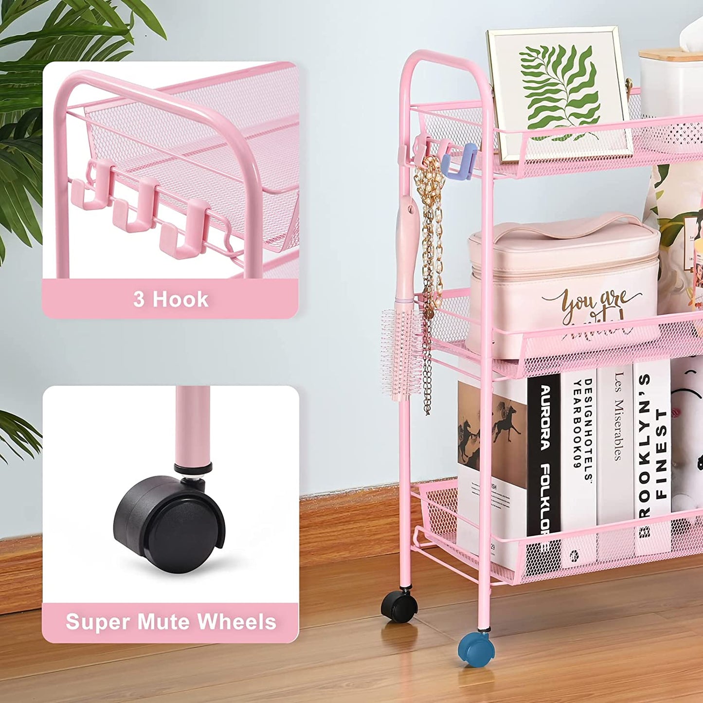 Pink 3-Tier Rolling Cart - Easy-to-Assemble Mobile Storage Trolley with Wheels, Ideal for Kitchen, Bathroom, Laundry Room, and More.